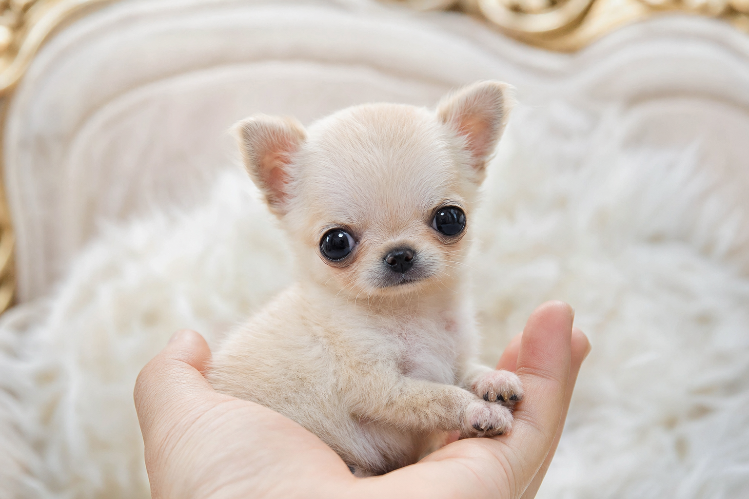 A tiny long-hair Chihuahua puppy sitting on a soft blanket in front of a window with a city view.