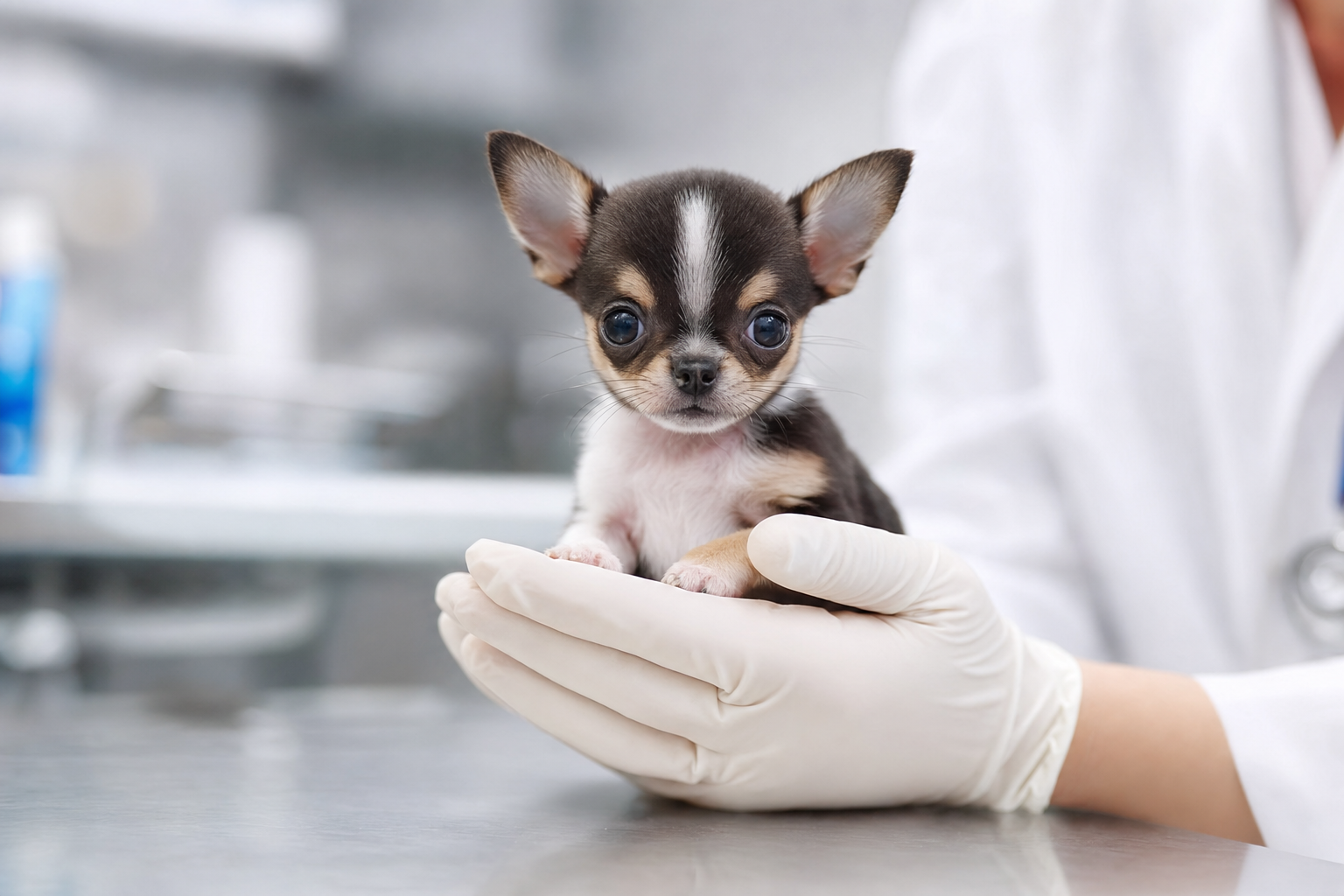 A healthy long hair Chihuahua puppy sitting attentively on a clean, white background, looking bright-eyed and alert.