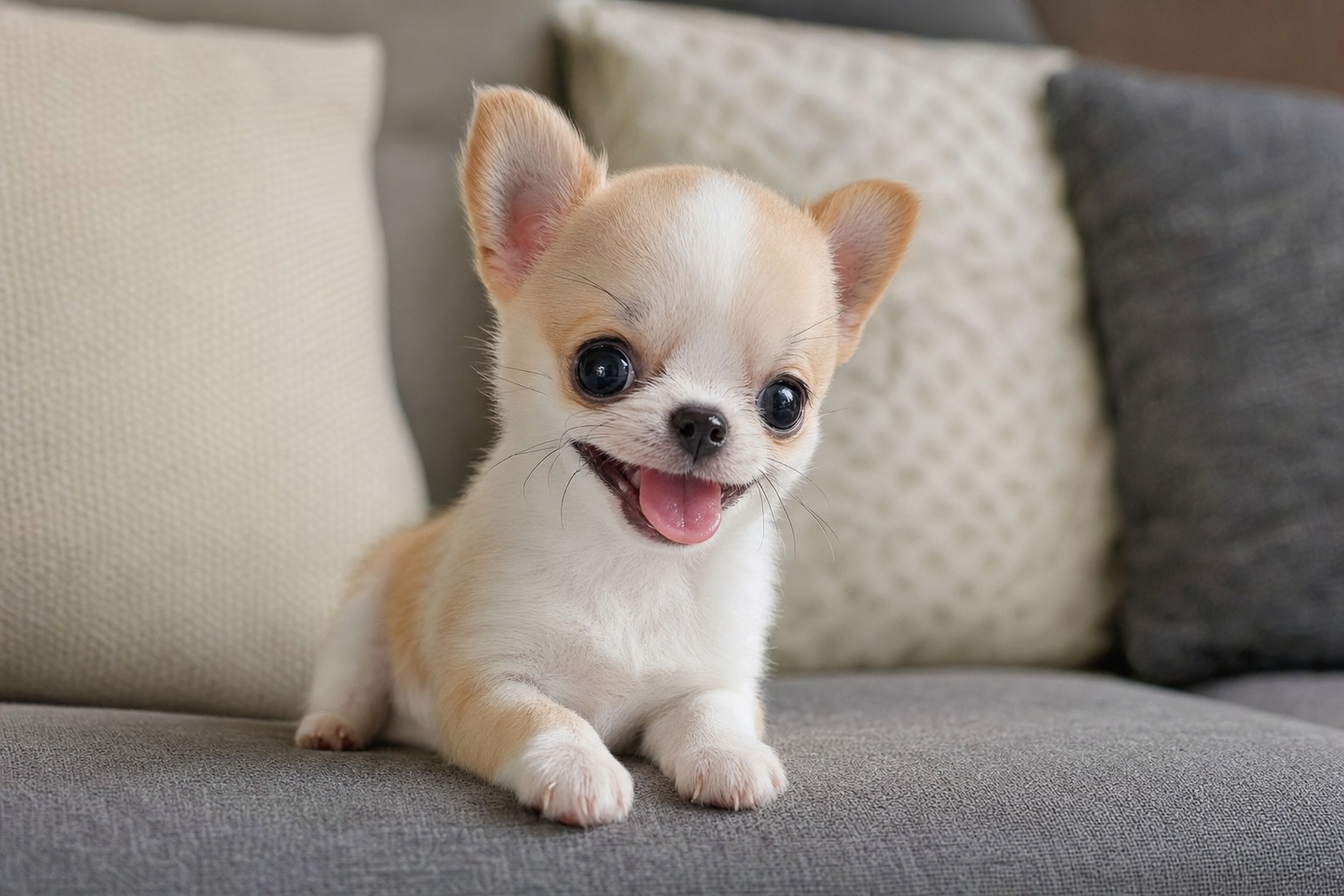 A tiny, adorable Apple Head Chihuahua puppy looking curiously at the camera, sitting on a soft blanket indoors.