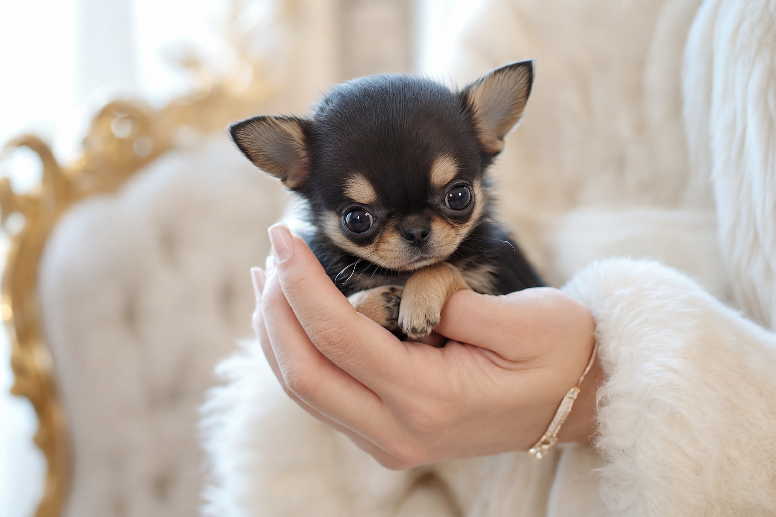 A tiny, long-haired teacup Chihuahua puppy with large, dark eyes sitting on a plush white blanket.
