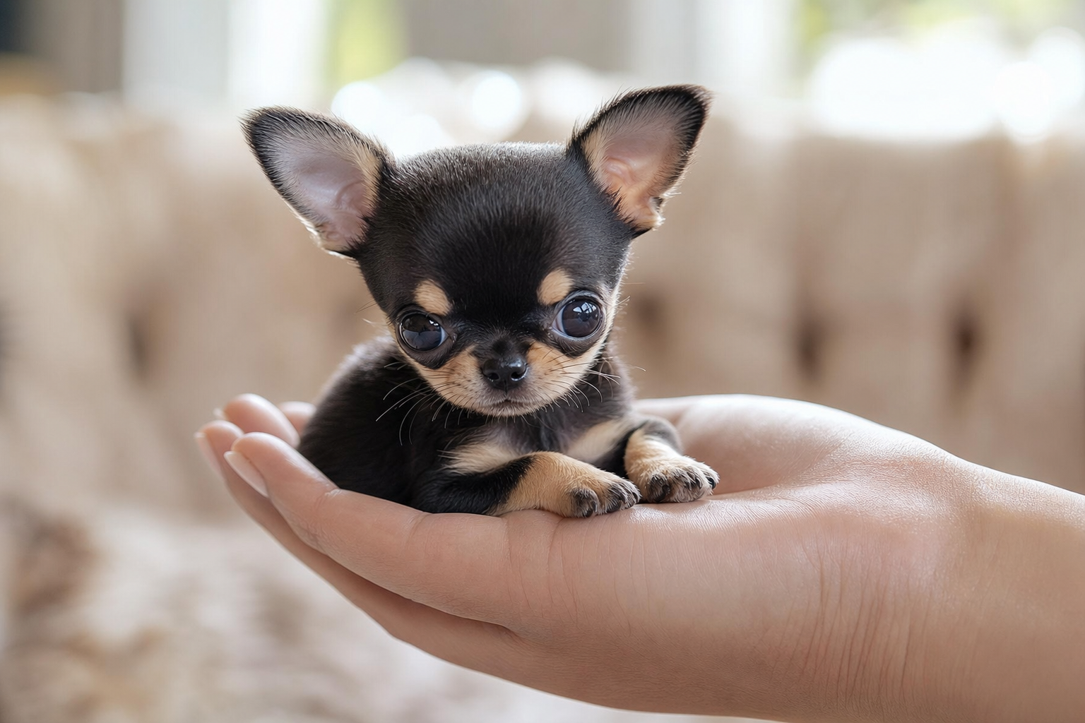 A tiny cream-colored Miniature Chihuahua puppy sitting on a plush rug and looking directly at the camera.