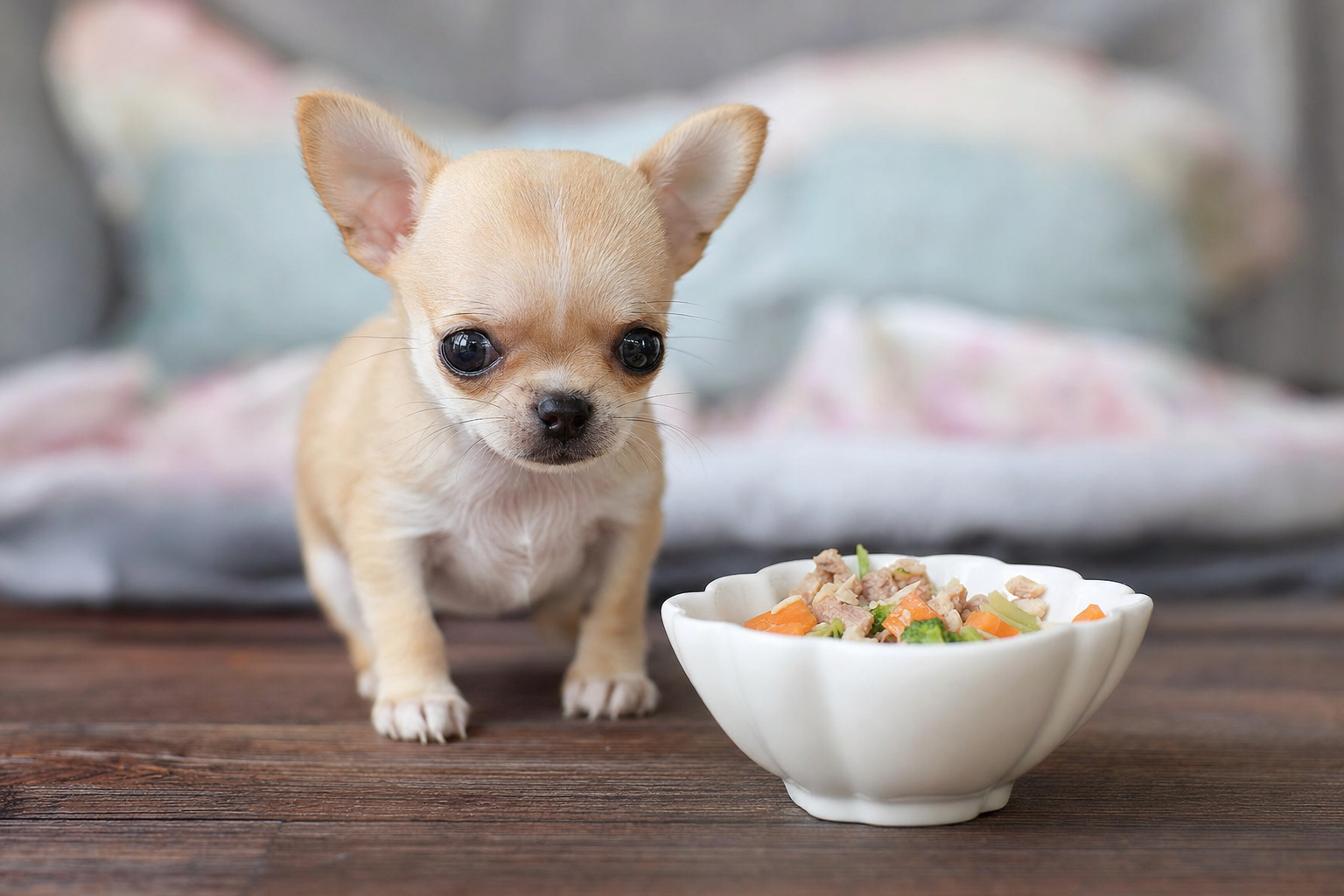 An Apple Head Chihuahua puppy eating from a small stainless steel bowl, with a focus on its proper portion size and healthy diet.