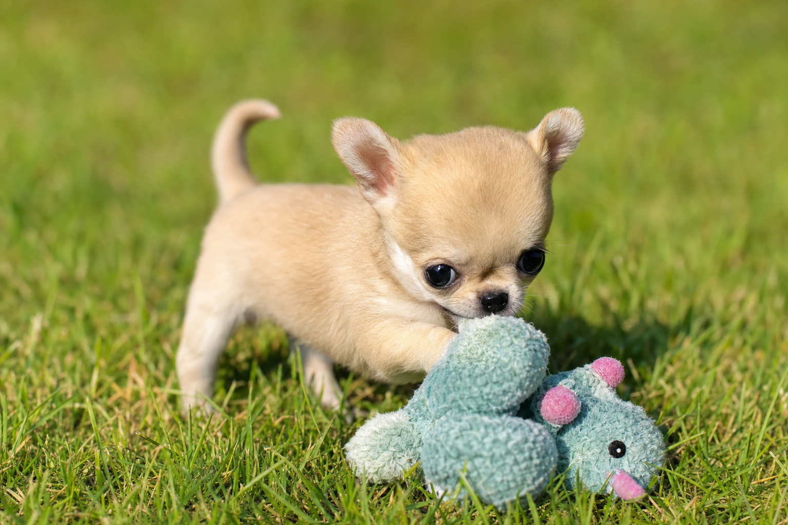 A long hair Chihuahua puppy playfully engaging with a colorful puzzle toy on a soft blanket indoors.