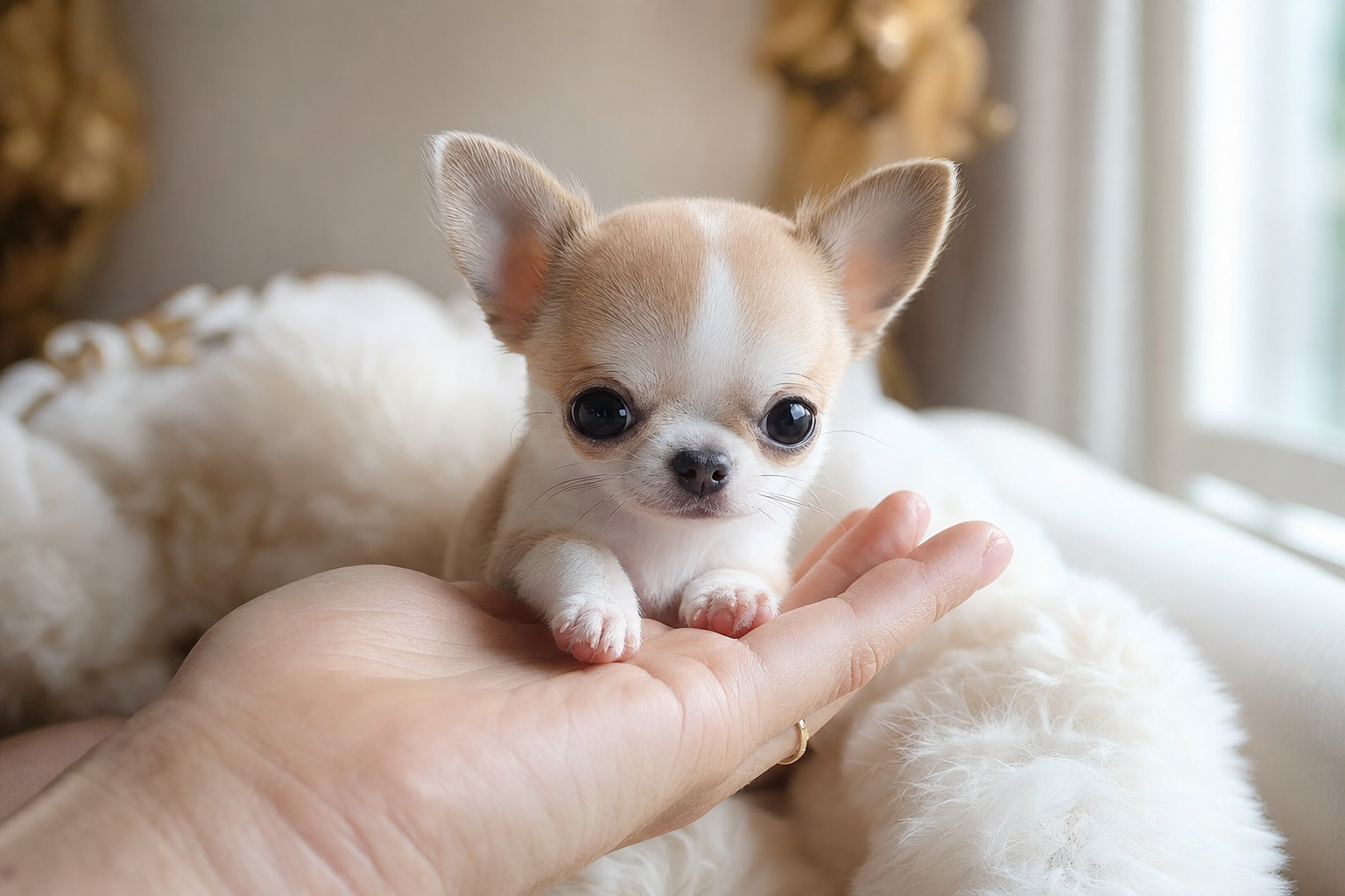 A tiny fawn Miniature Chihuahua puppy sitting on a white rug in a sunny room.