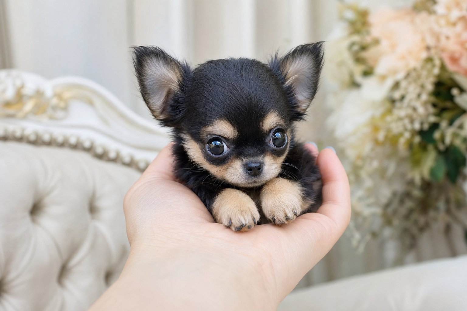 A tiny, cream-colored miniature Chihuahua puppy sitting on a luxurious green velvet pillow.