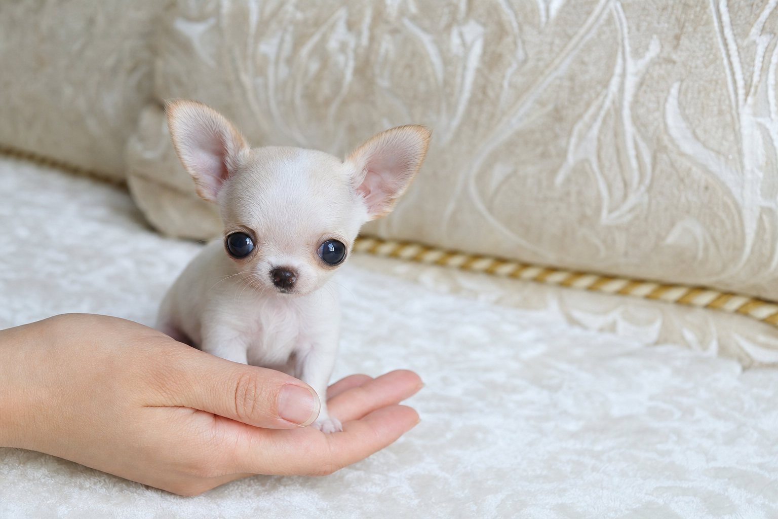 A person carefully brushing a small Chihuahua puppy's teeth with a finger toothbrush.