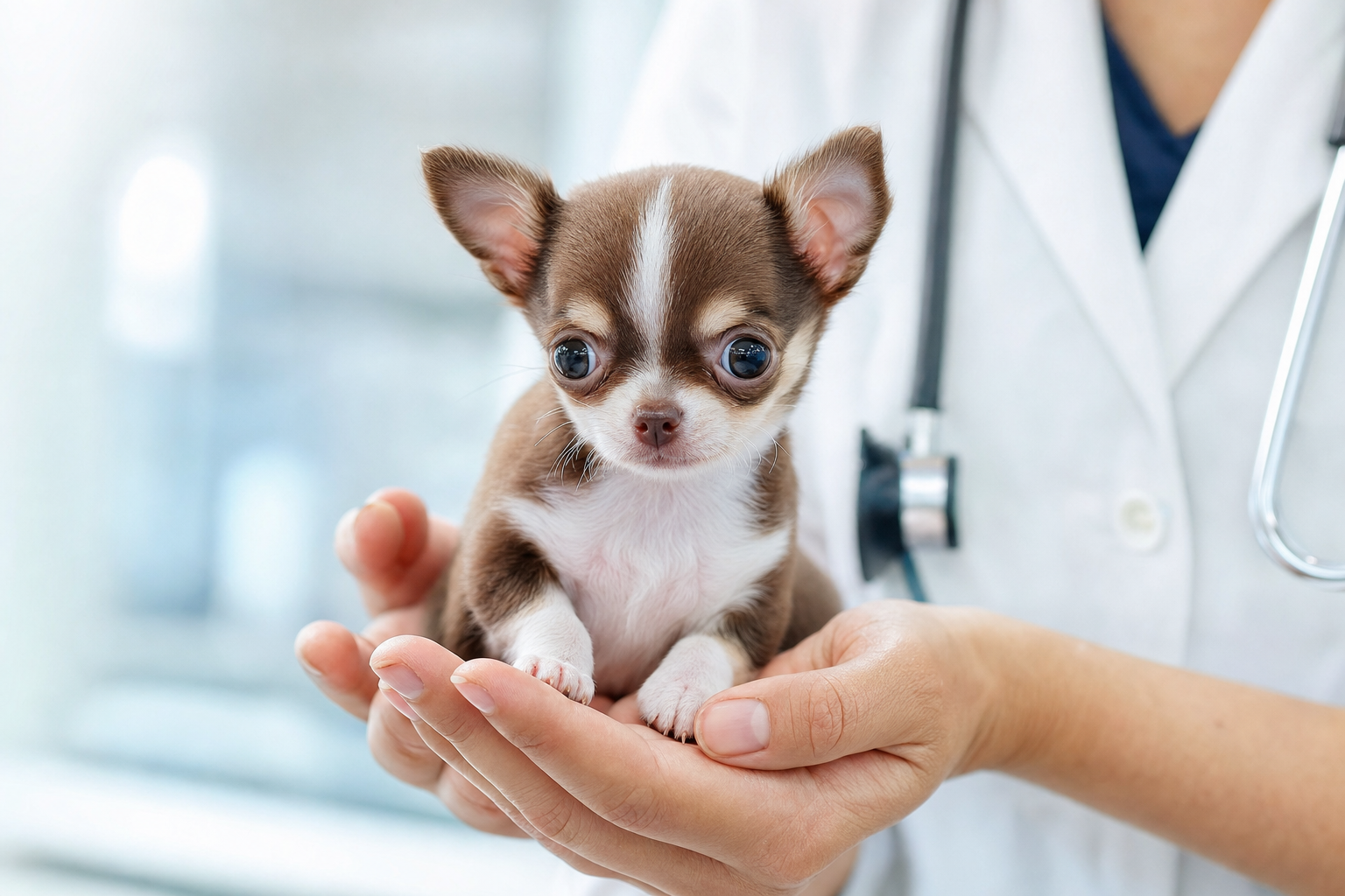 A healthy, alert long-hair Chihuahua puppy sitting on a soft blanket, looking at the camera with bright eyes.