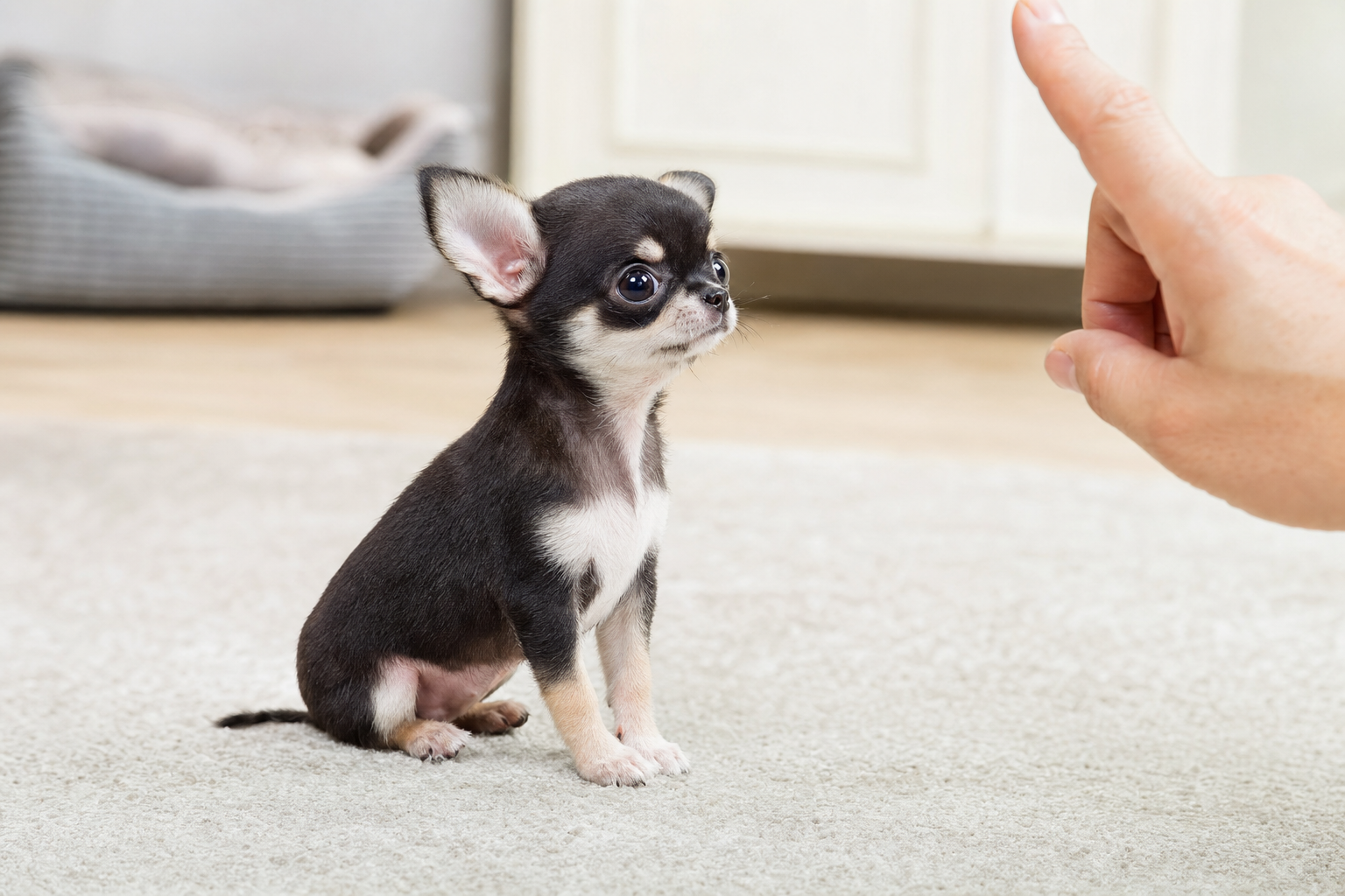 A young Apple Head Chihuahua puppy sits attentively on a soft blanket, looking up during a positive reinforcement training session.