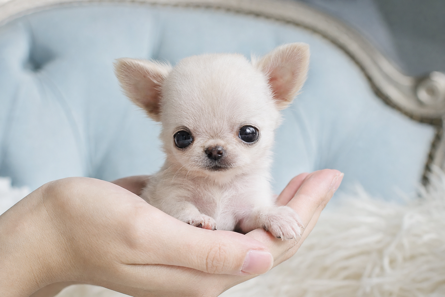 A tiny smooth-coat Chihuahua puppy with big brown eyes sitting on a soft white blanket.