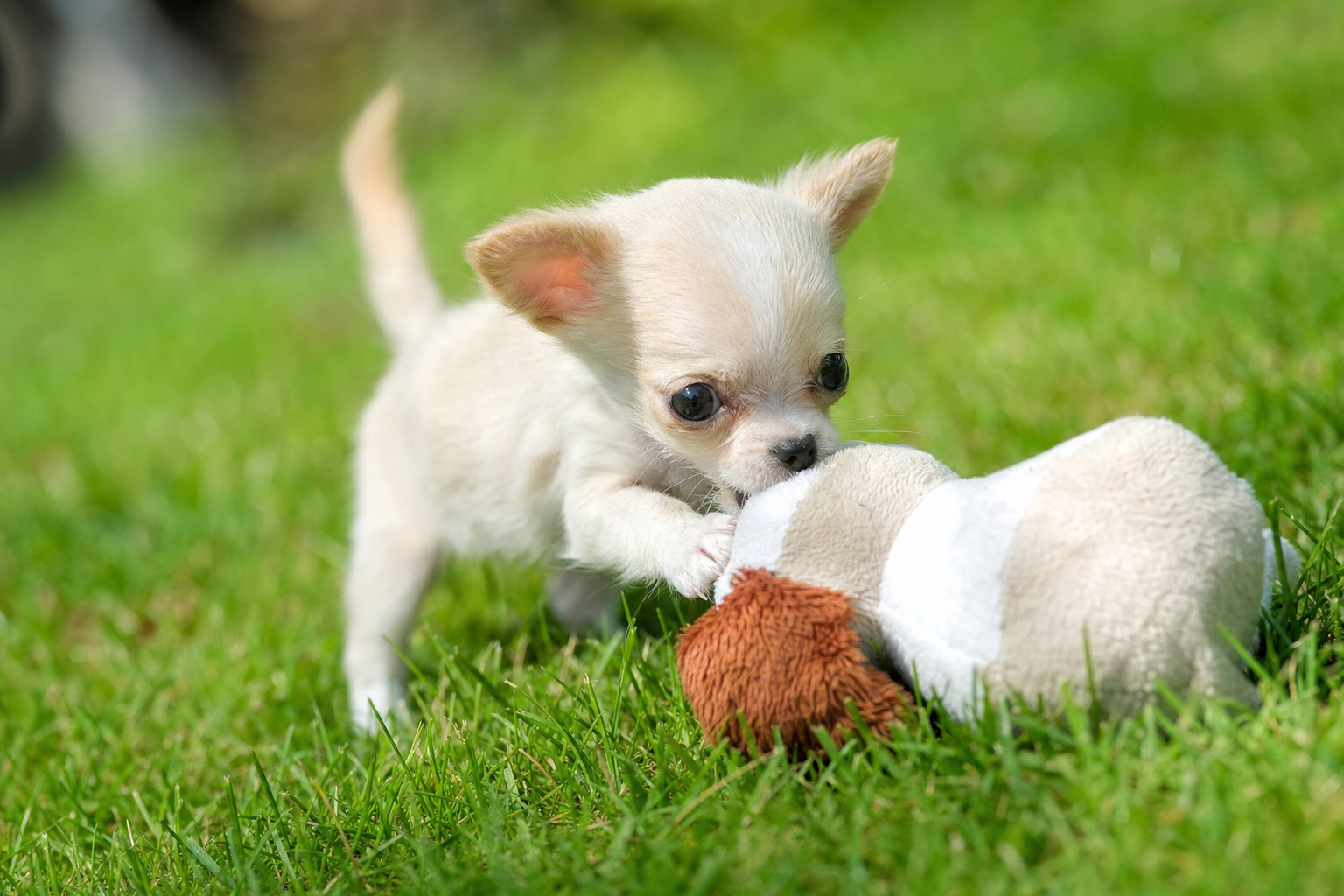 A happy long haired Chihuahua playing with a colorful puzzle toy on a cozy rug indoors during the fall season.