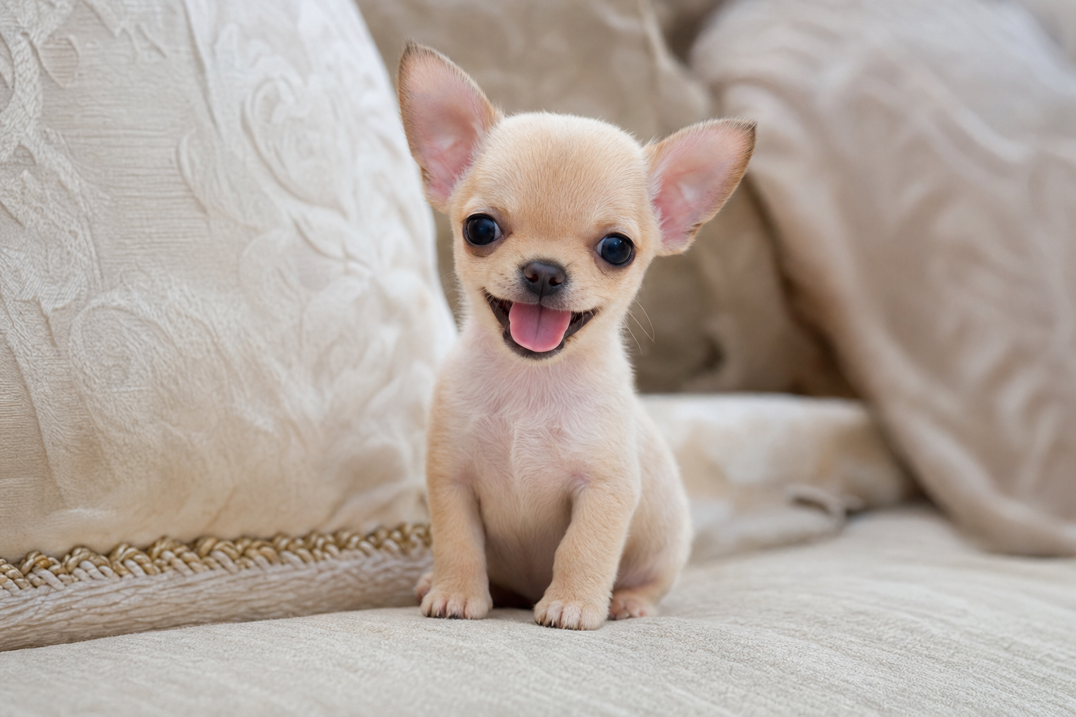 A tiny, curious Apple Head Chihuahua puppy peeking over the edge of a soft, cream-colored blanket indoors.
