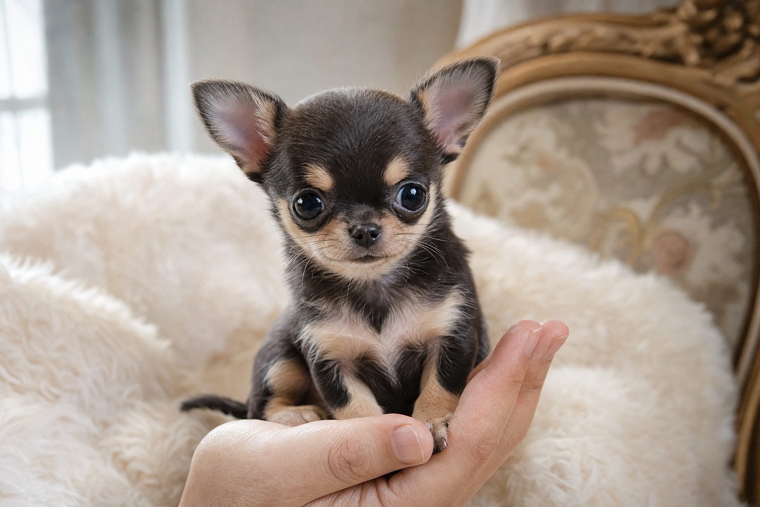 A long-coat fawn Apple Head Chihuahua puppy being gently brushed on a soft white blanket.