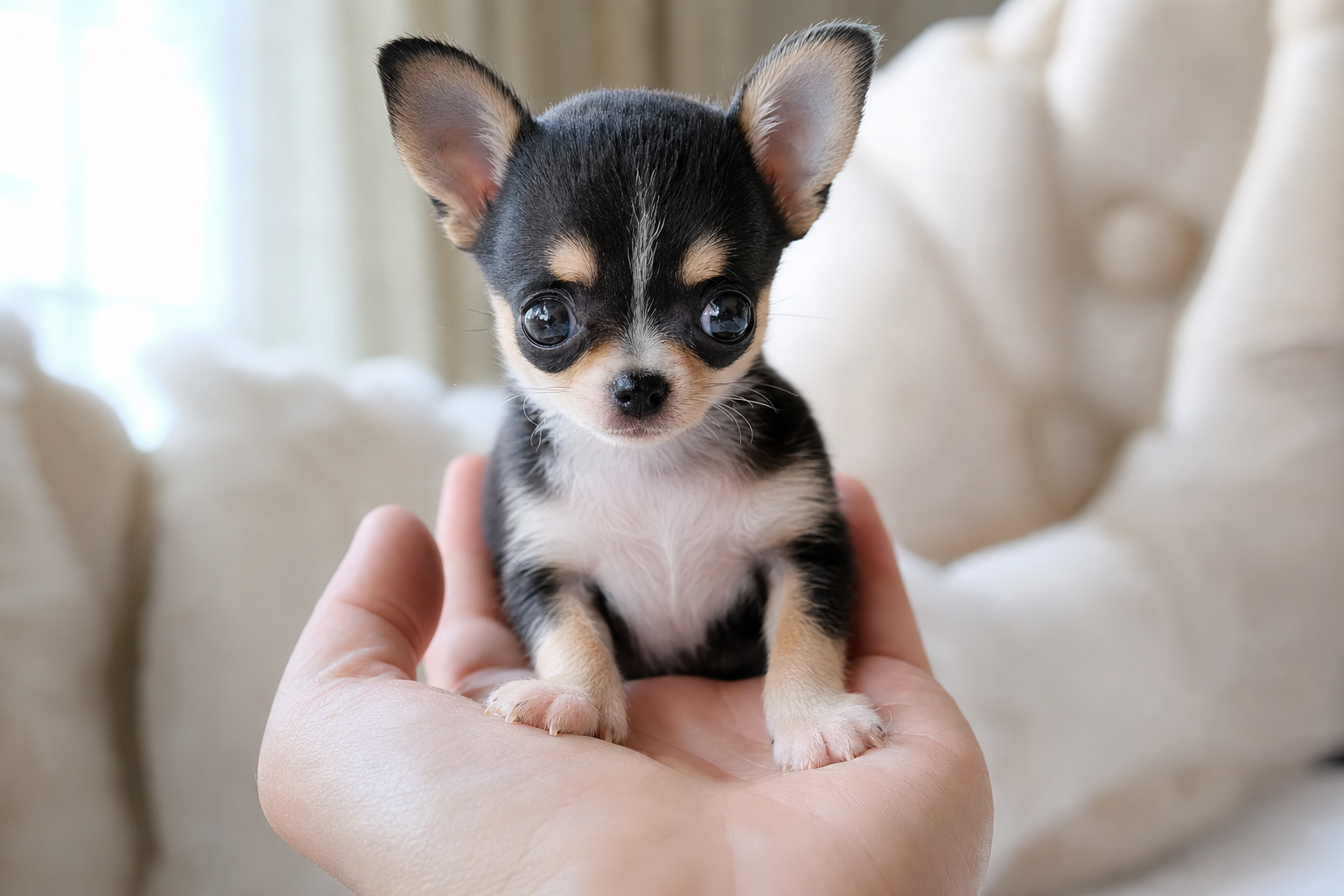 A person gently brushing the back of a fluffy cream-colored Long Hair Chihuahua puppy.
