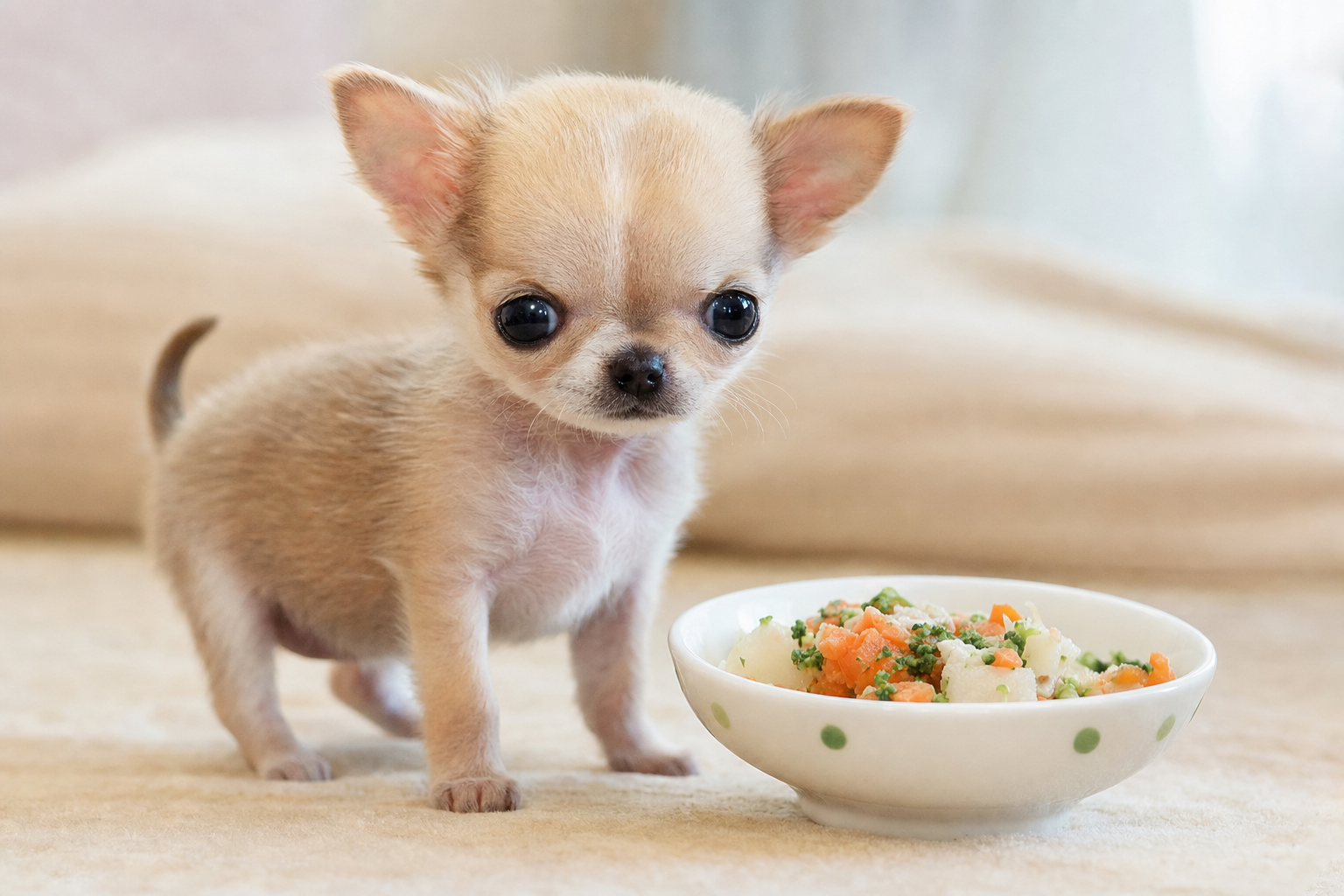 A healthy long hair Chihuahua puppy looking alert and curious while sitting next to its food bowl.