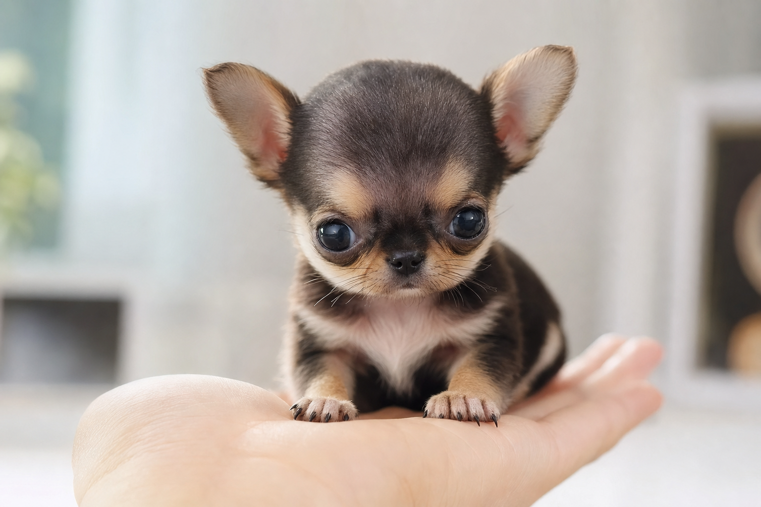 A person in a clean home environment gently holds a stethoscope to the chest of a small fawn Apple Head Chihuahua puppy.