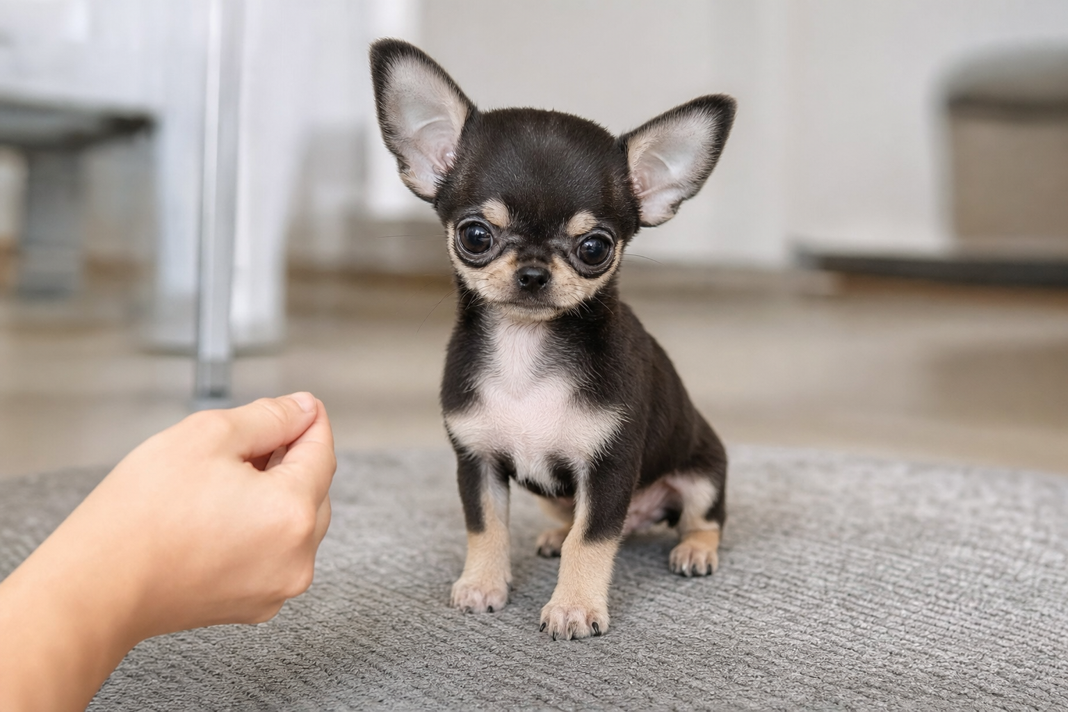 A long-haired Chihuahua puppy looking attentively at its owner during a training session in a brightly lit living room.