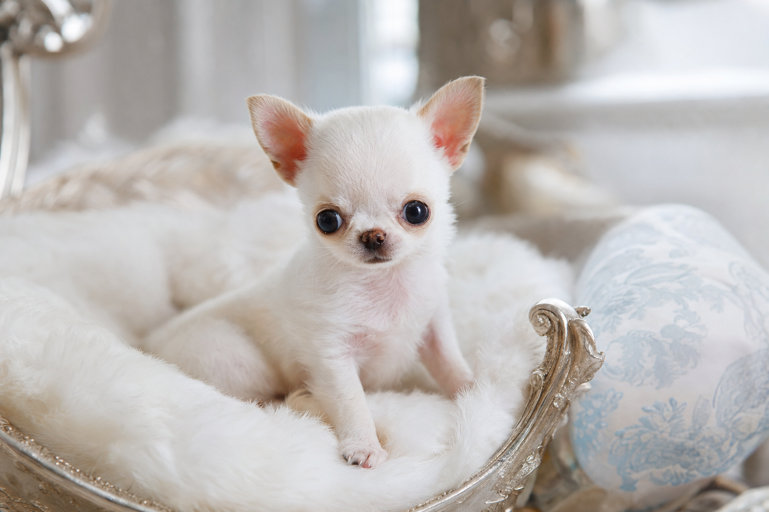 A tiny, fawn-colored Apple Head Teacup Chihuahua puppy looking alert and healthy while sitting on a soft white blanket.