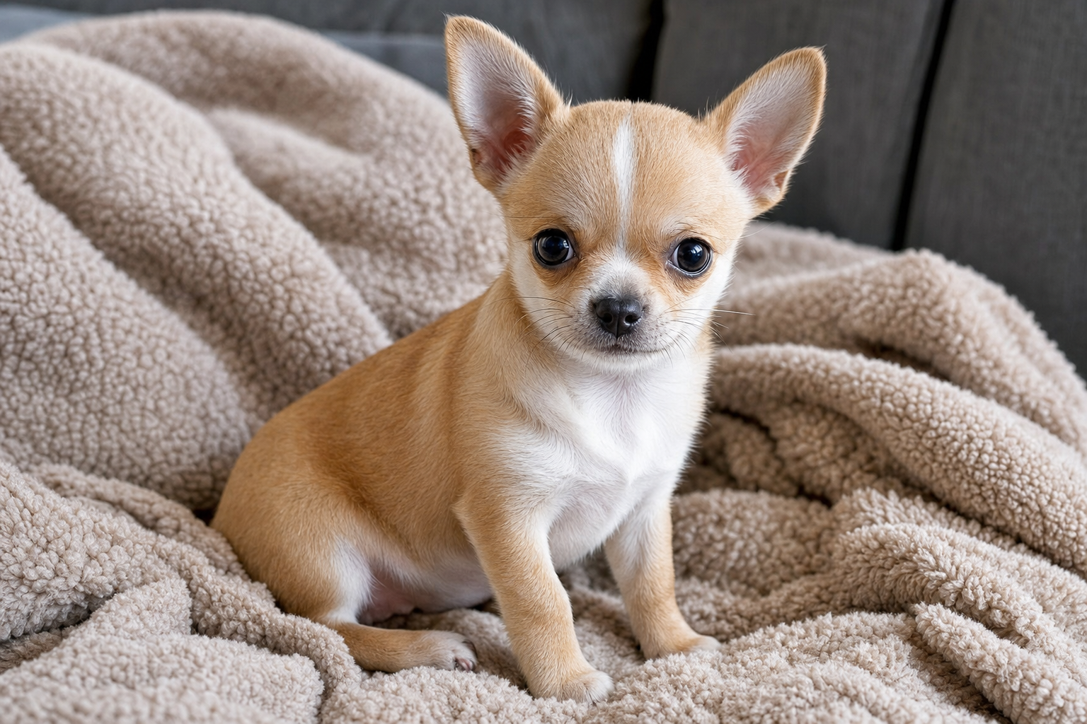 A tiny, cream-colored Apple Head Chihuahua puppy sitting next to a small bowl of dry puppy food on a clean floor.