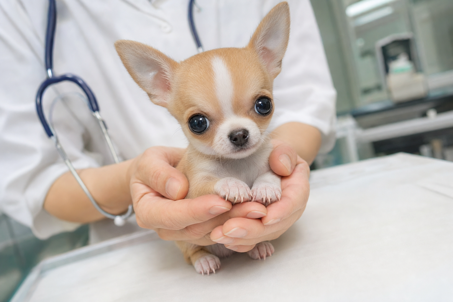 A healthy long-hair Apple Head Chihuahua puppy sitting alertly on a clean white background, looking at the camera.