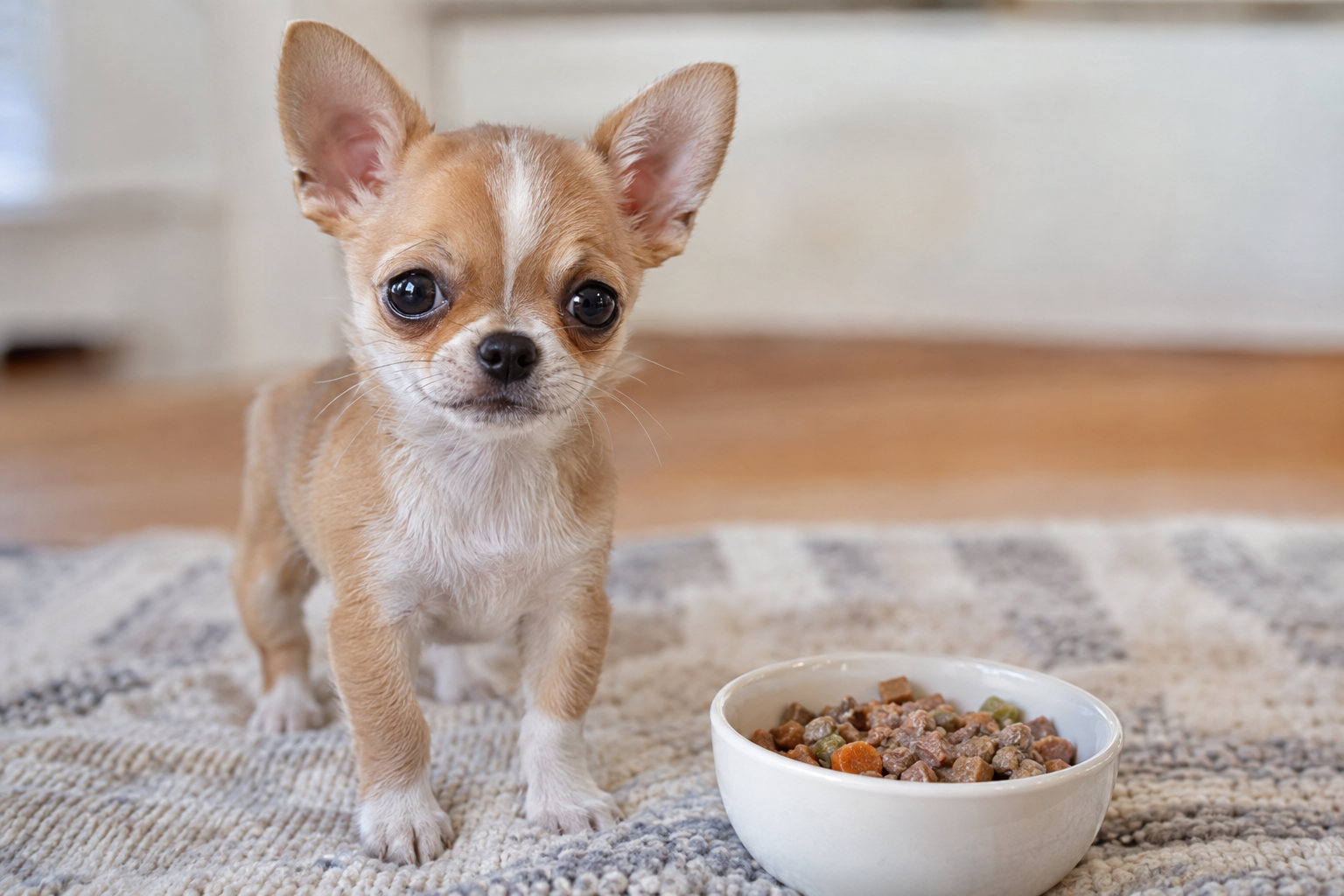 Tan and white Chihuahua puppy with upright ears standing on a patterned rug beside a white food bowl.