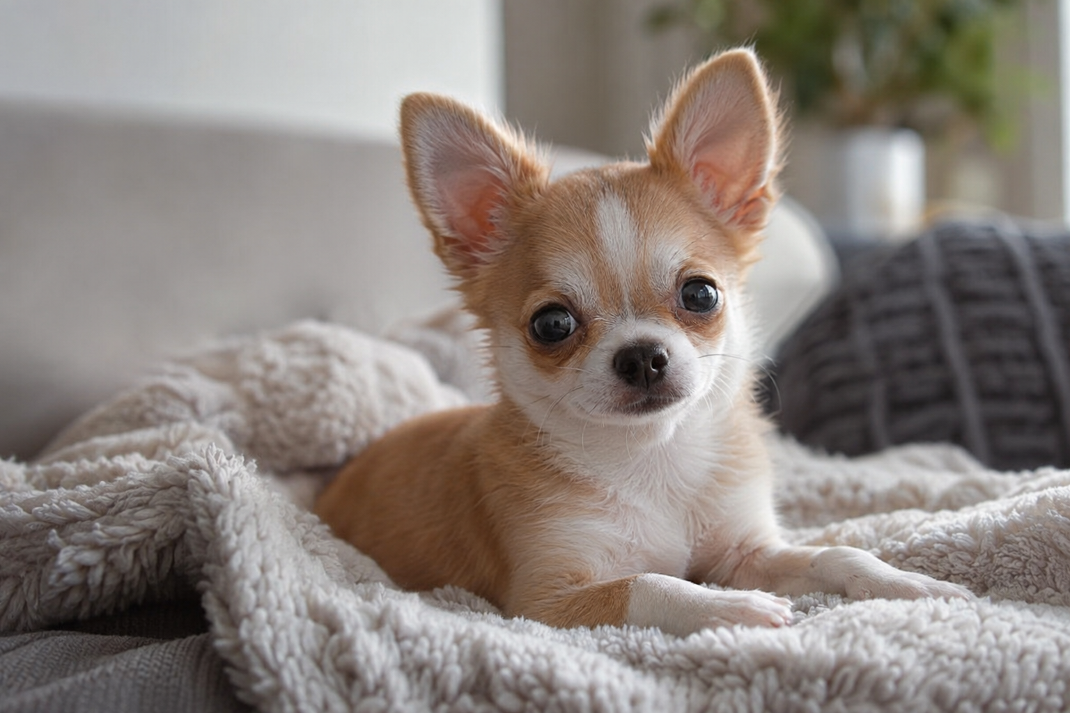 Tan and white Chihuahua puppy with upright ears and dark eyes resting on a fluffy cream blanket.