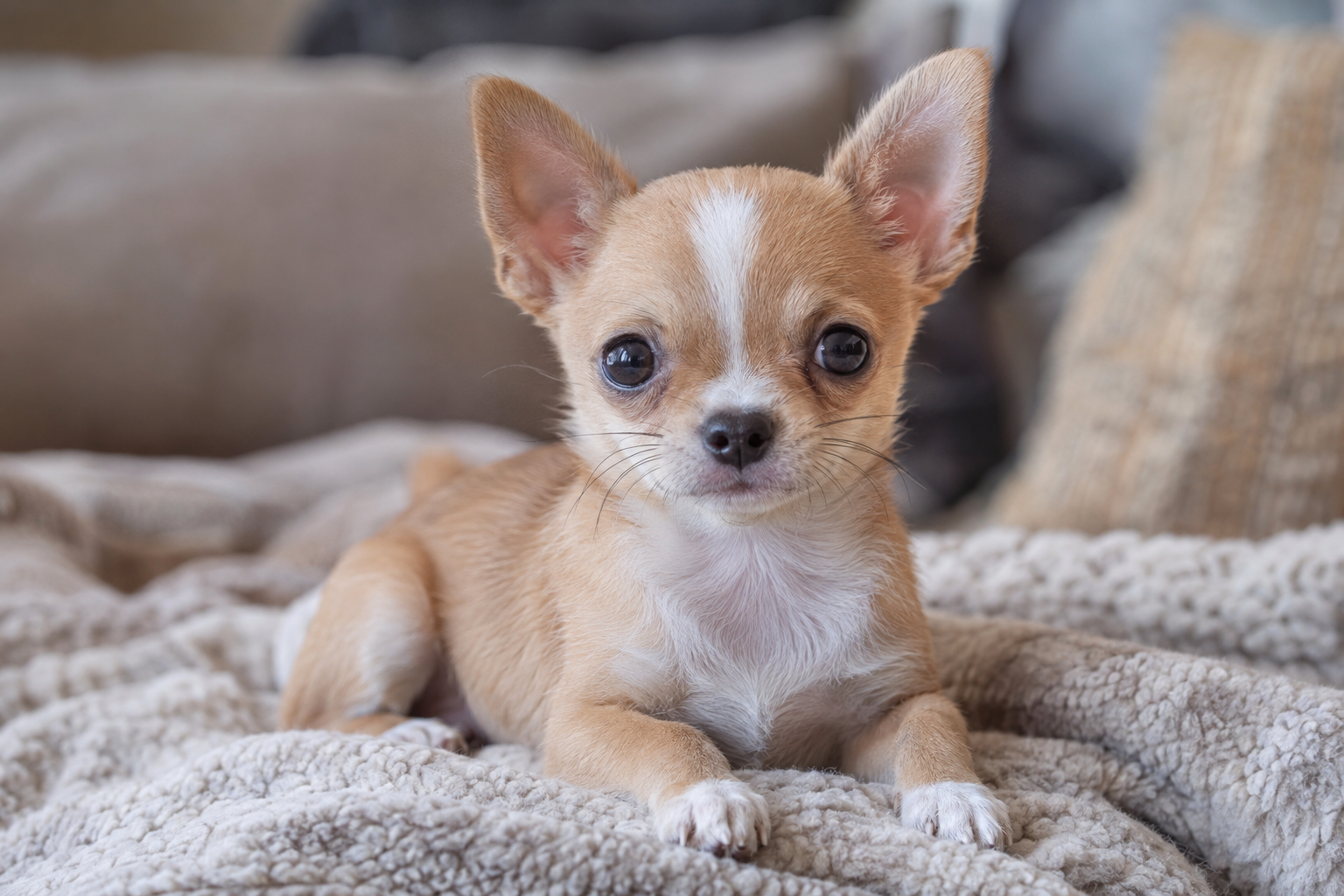 Tan and white Chihuahua puppy with upright ears and dark eyes lying on a textured beige blanket.