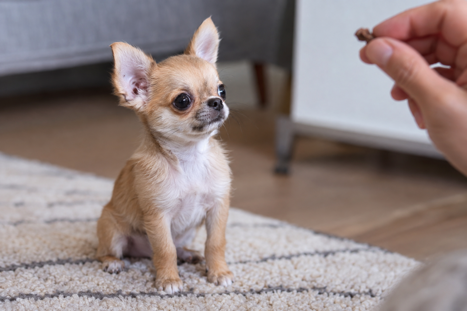 Tan and white Chihuahua puppy sitting on a patterned rug, looking at a treat held in a hand.