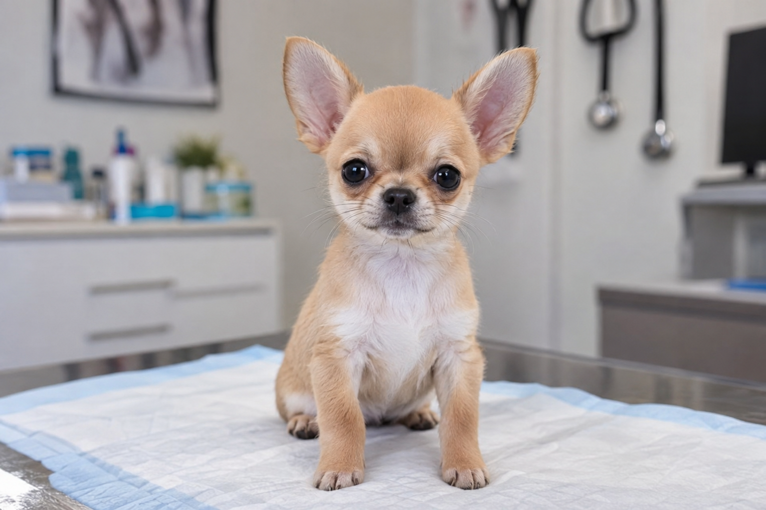 Tan Chihuahua puppy with upright ears and a white chest sitting on a blue-edged pad on an exam table.