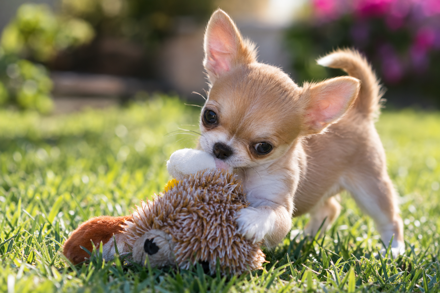 Tan and white Chihuahua puppy with upright ears and a curled tail playing with a plush toy on grass.