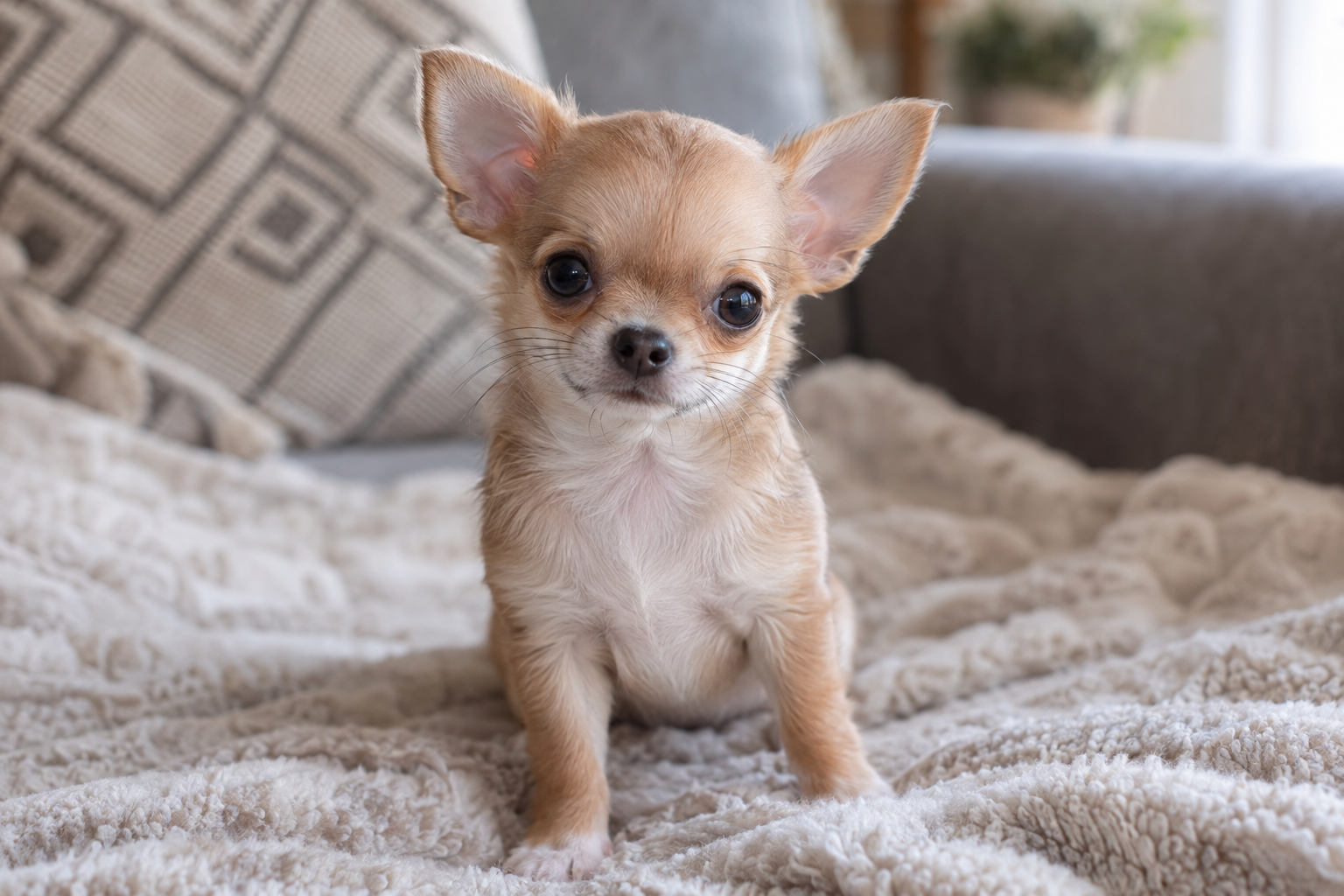 Tan and white Chihuahua puppy with large upright ears sitting on a cream blanket on a sofa.