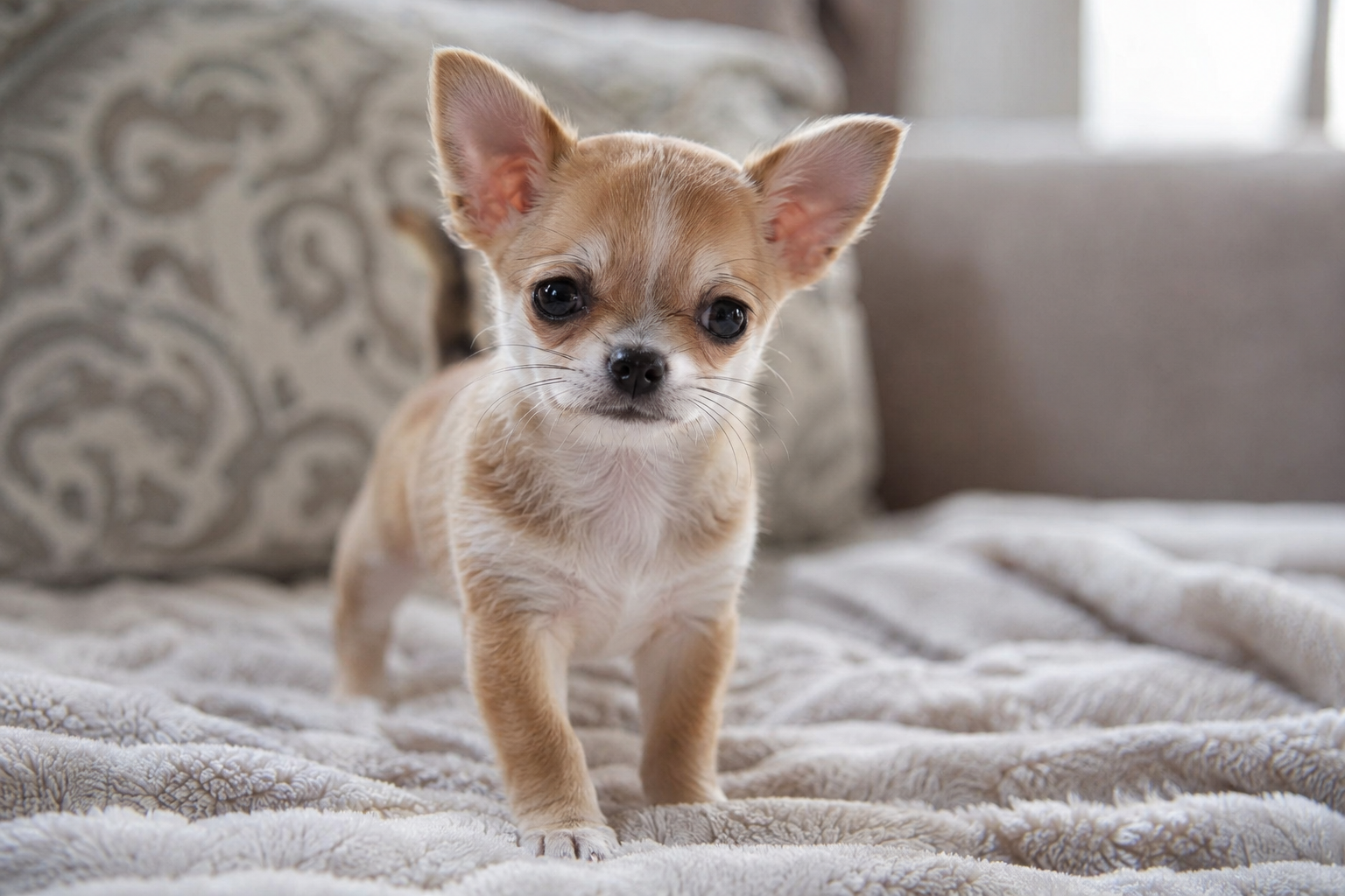Tan and white Chihuahua puppy with upright ears and dark eyes standing on a soft blanket.