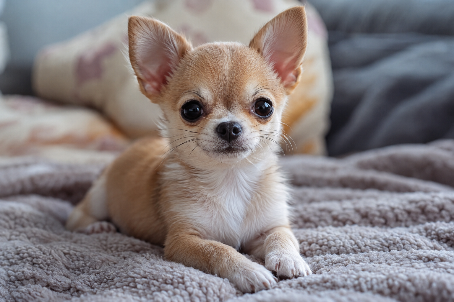 Tan and white Chihuahua puppy with upright ears and dark eyes lying on a textured gray blanket.