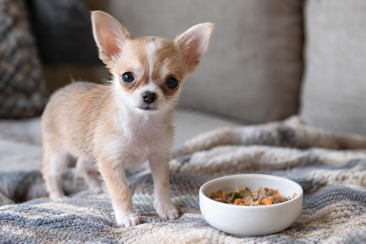Tan and white Chihuahua puppy standing on a patterned blanket beside a white bowl of food.