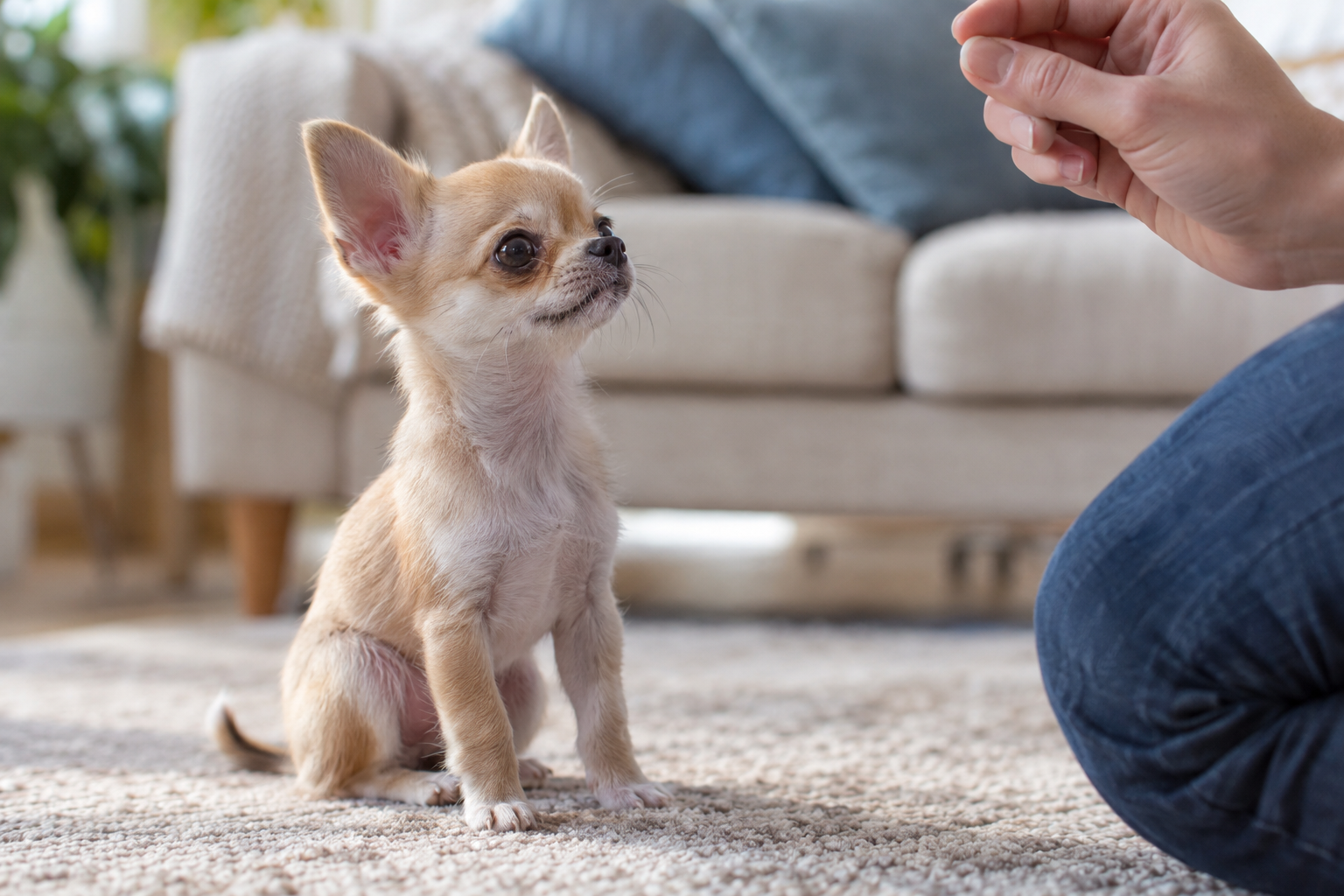 Tan and white Chihuahua puppy with upright ears sitting on a rug, looking up at a person's raised hand.