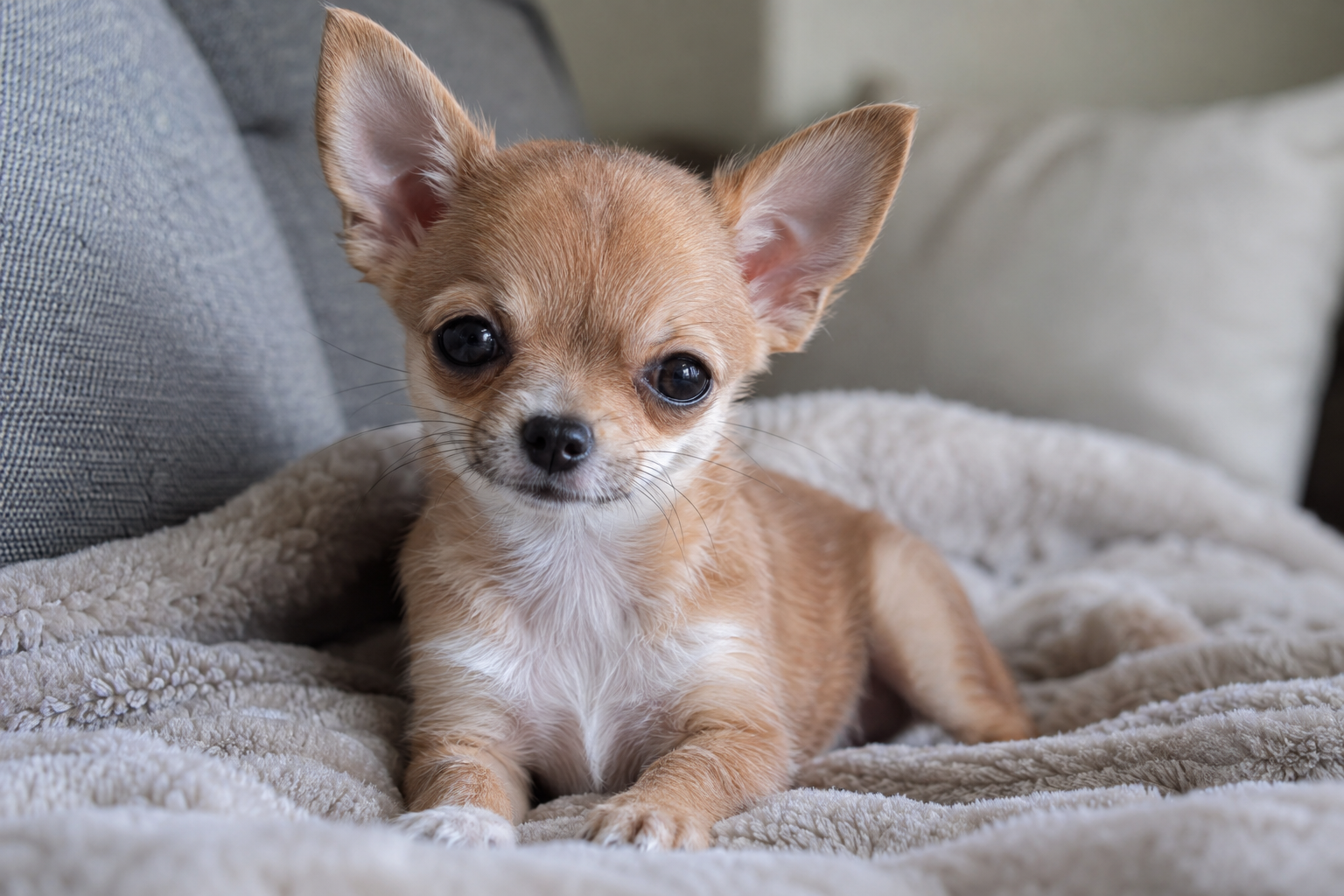 Tan Chihuahua puppy with upright ears, dark eyes, and a white chest resting on a cream blanket.