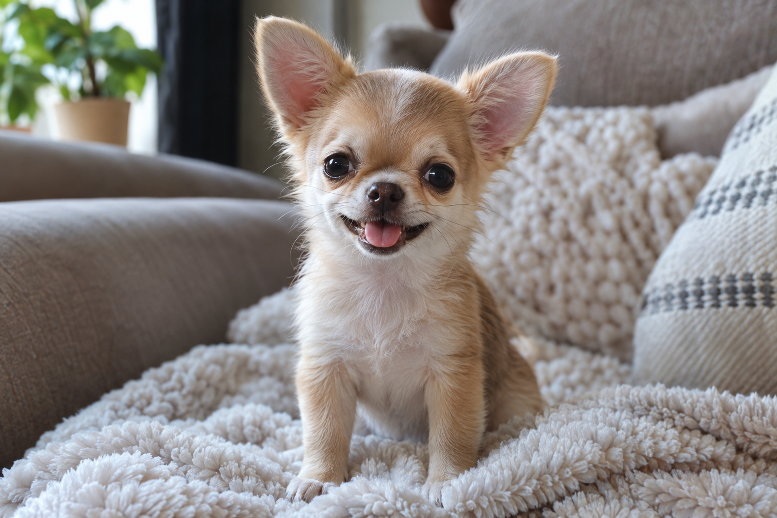 Tan and white Chihuahua puppy with upright ears and tongue out, sitting on a fluffy cream blanket on a sofa.