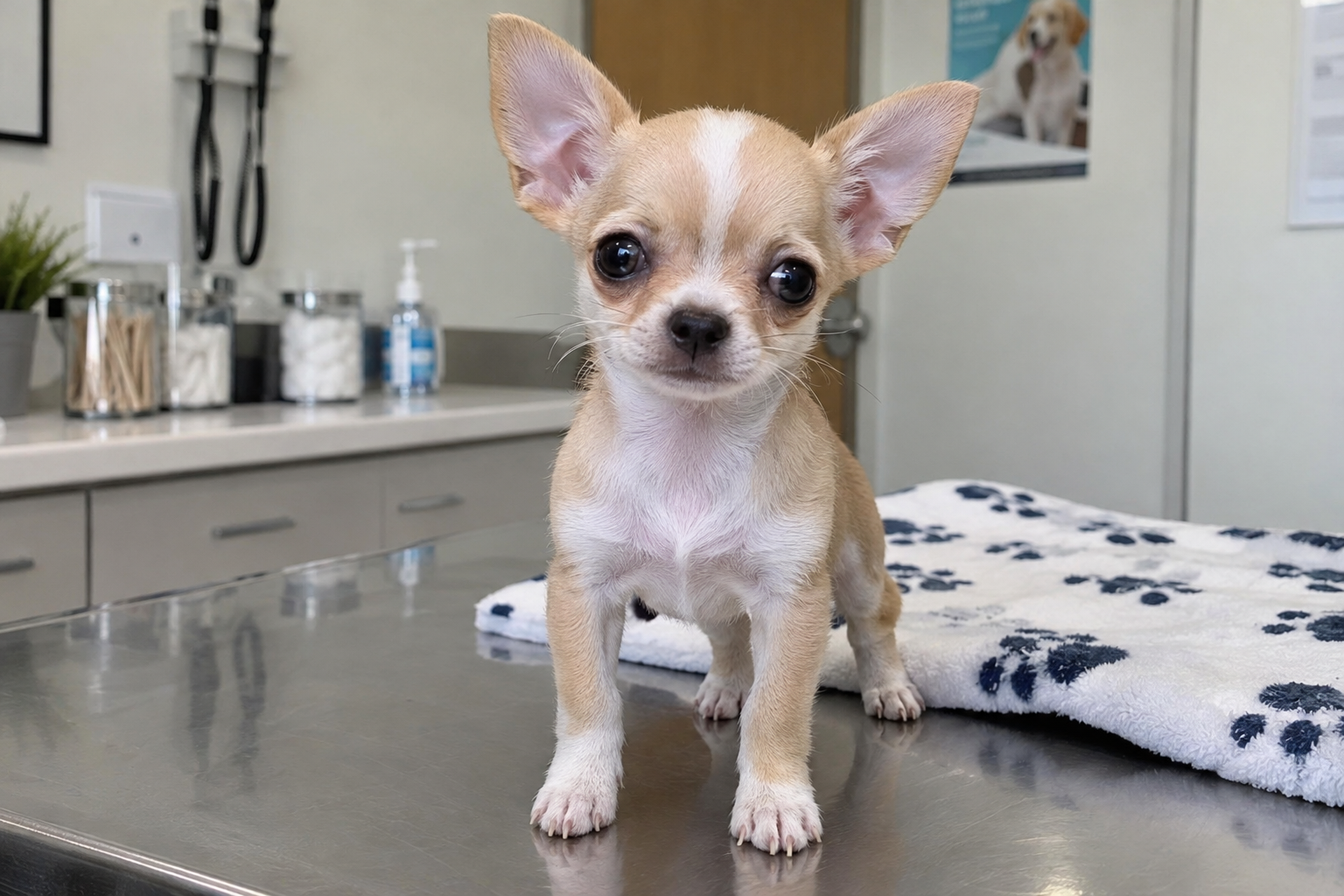 Tan and white Chihuahua puppy with upright ears standing on a metal table beside a paw-print blanket.