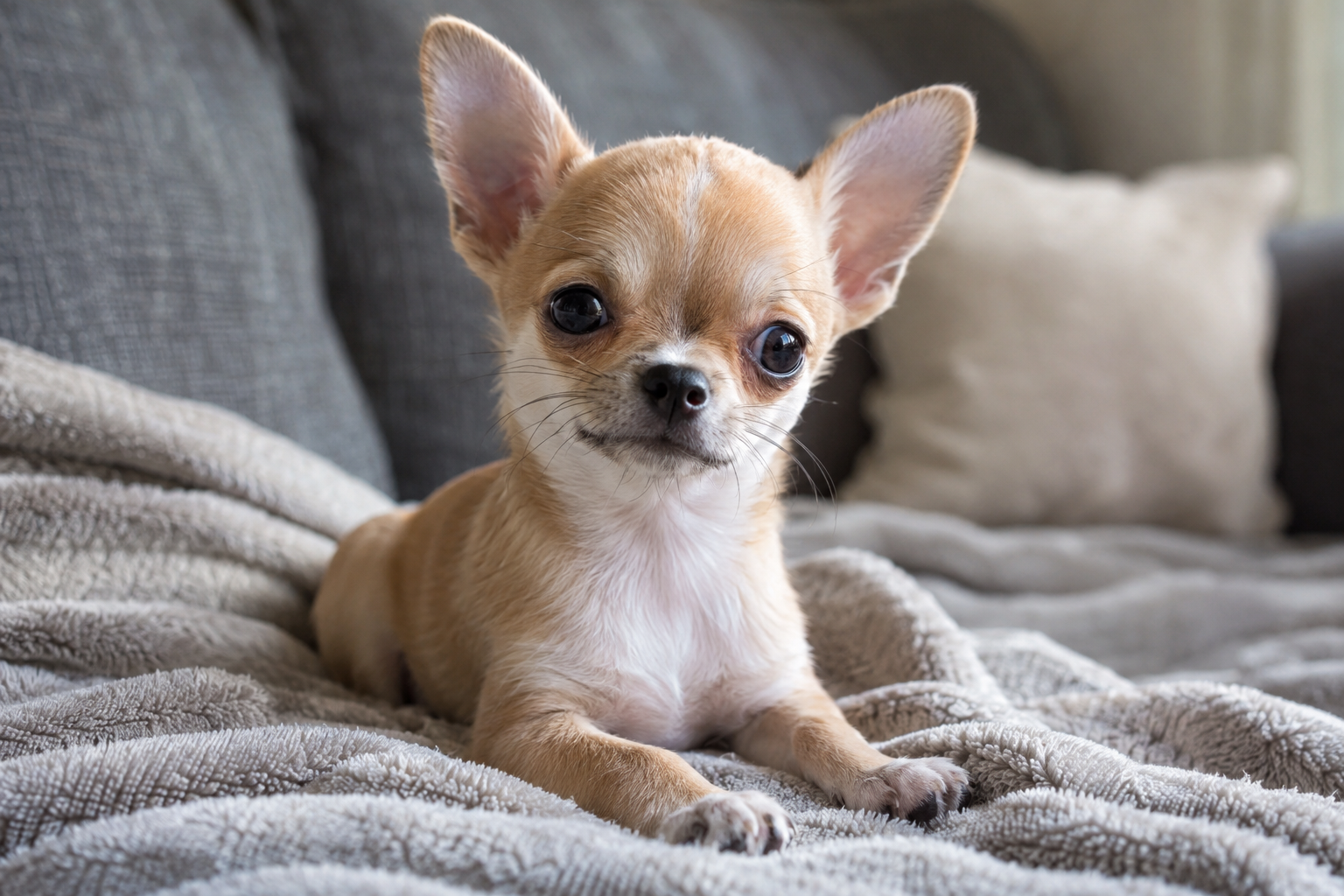 Tan and white Chihuahua puppy with upright ears lying on a gray blanket on a sofa.