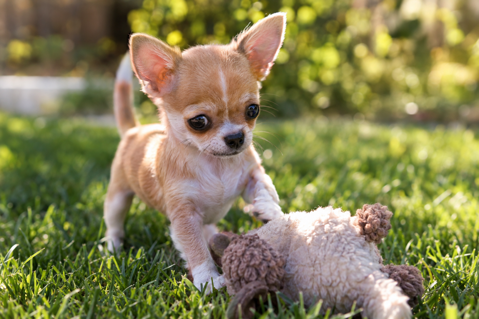 Tan and white Chihuahua puppy with upright ears and one front paw raised beside a plush toy on grass.