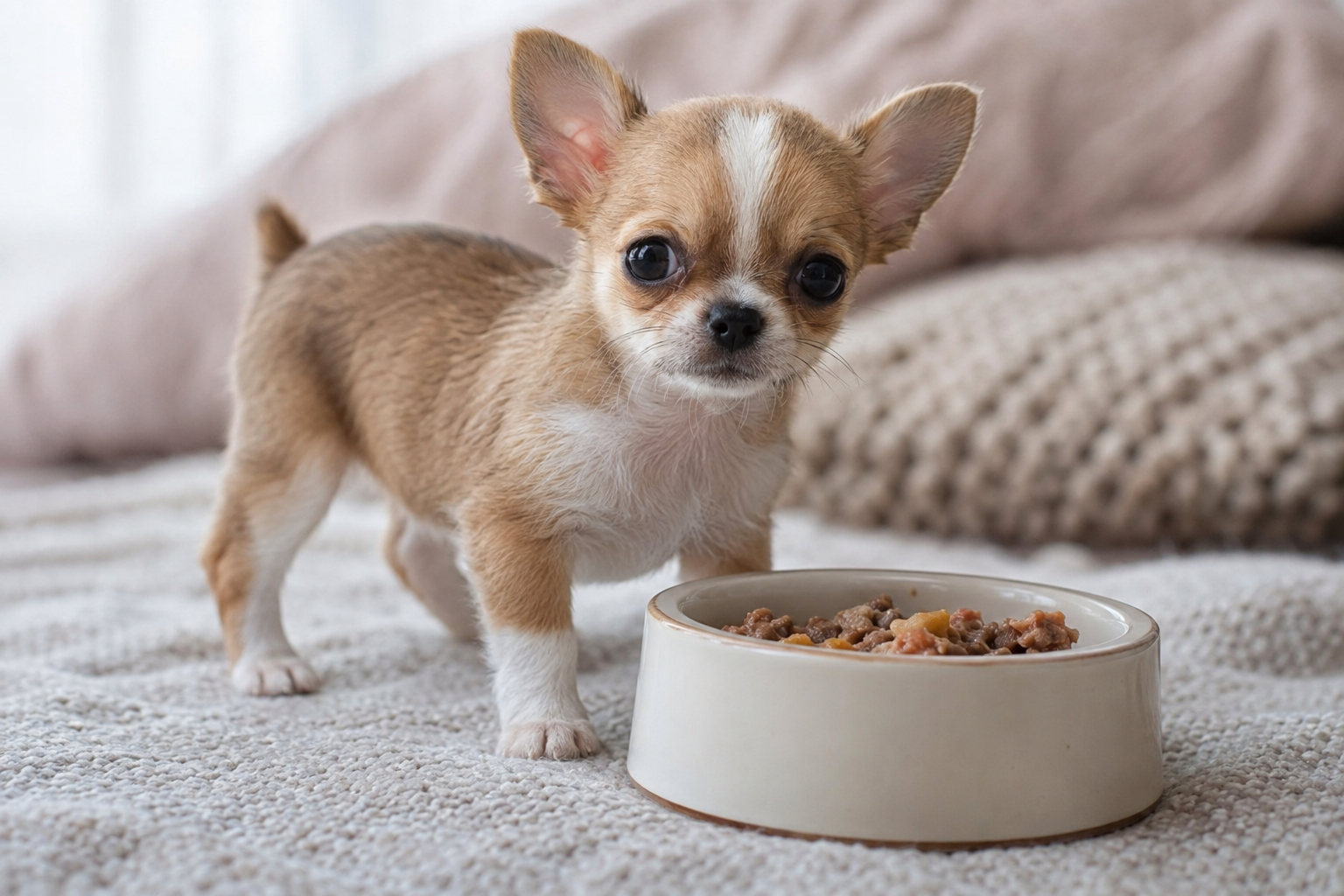 Tan and white Chihuahua puppy with upright ears standing beside a food bowl on a textured blanket.