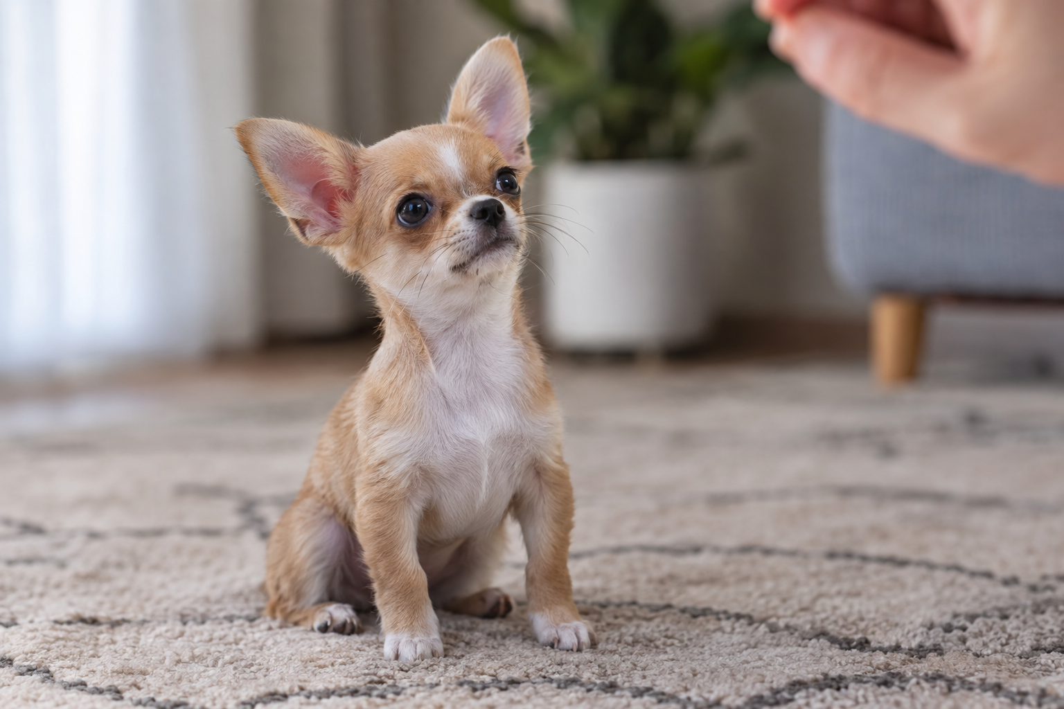 Tan and white Chihuahua puppy with upright ears sitting on a patterned rug, looking toward a raised hand.