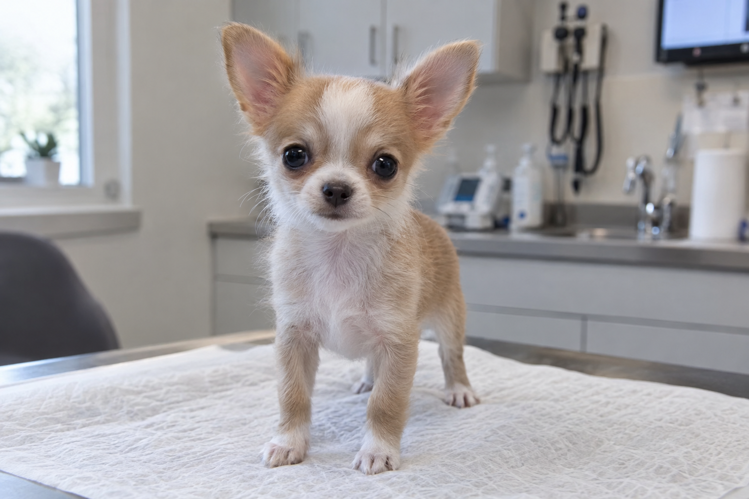 Tan and white Chihuahua puppy with upright ears standing on a white pad on an examination table.