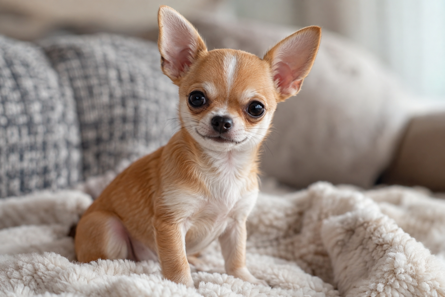 Tan and white Chihuahua puppy with upright ears and dark eyes sitting on a fluffy cream blanket.