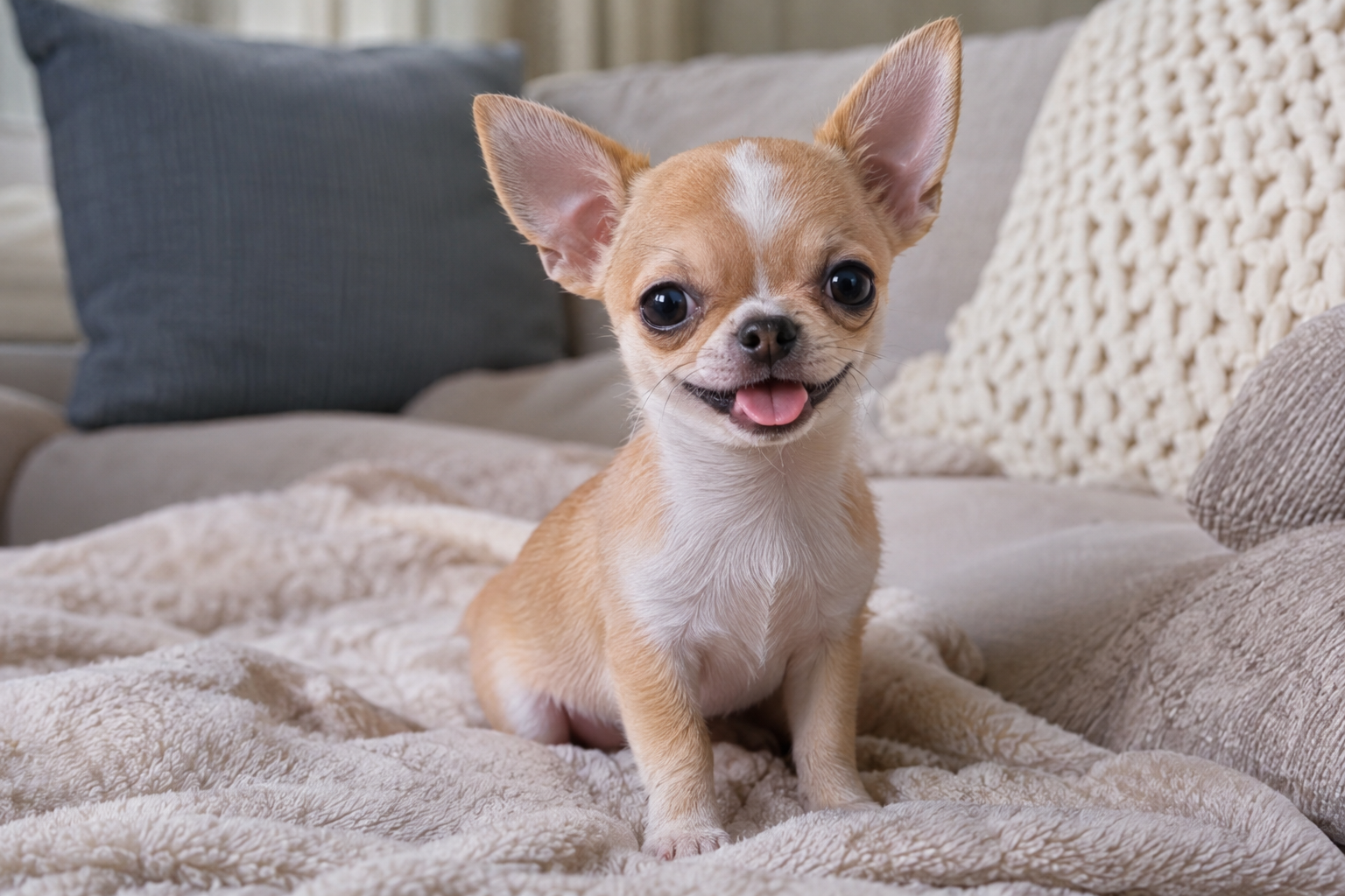 Tan and white Chihuahua puppy with upright ears and tongue out, sitting on a cream blanket on a sofa.
