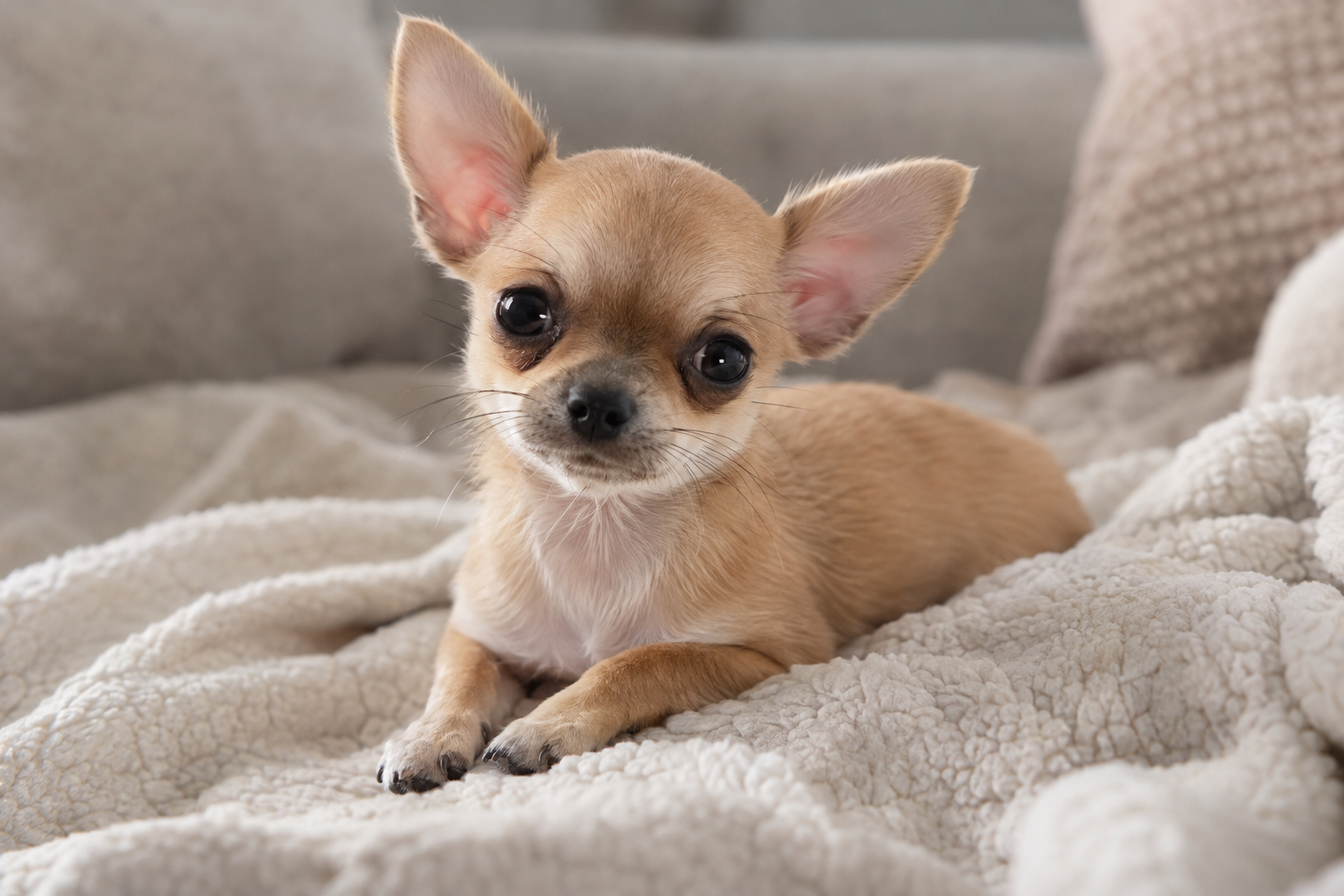 Tan Chihuahua puppy with upright ears, dark eyes, and a white chest lying on a cream blanket.