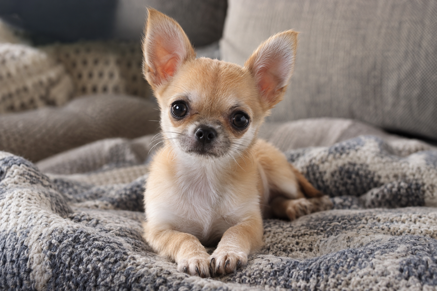 Tan and white Chihuahua puppy with upright ears lying on a textured gray blanket.
