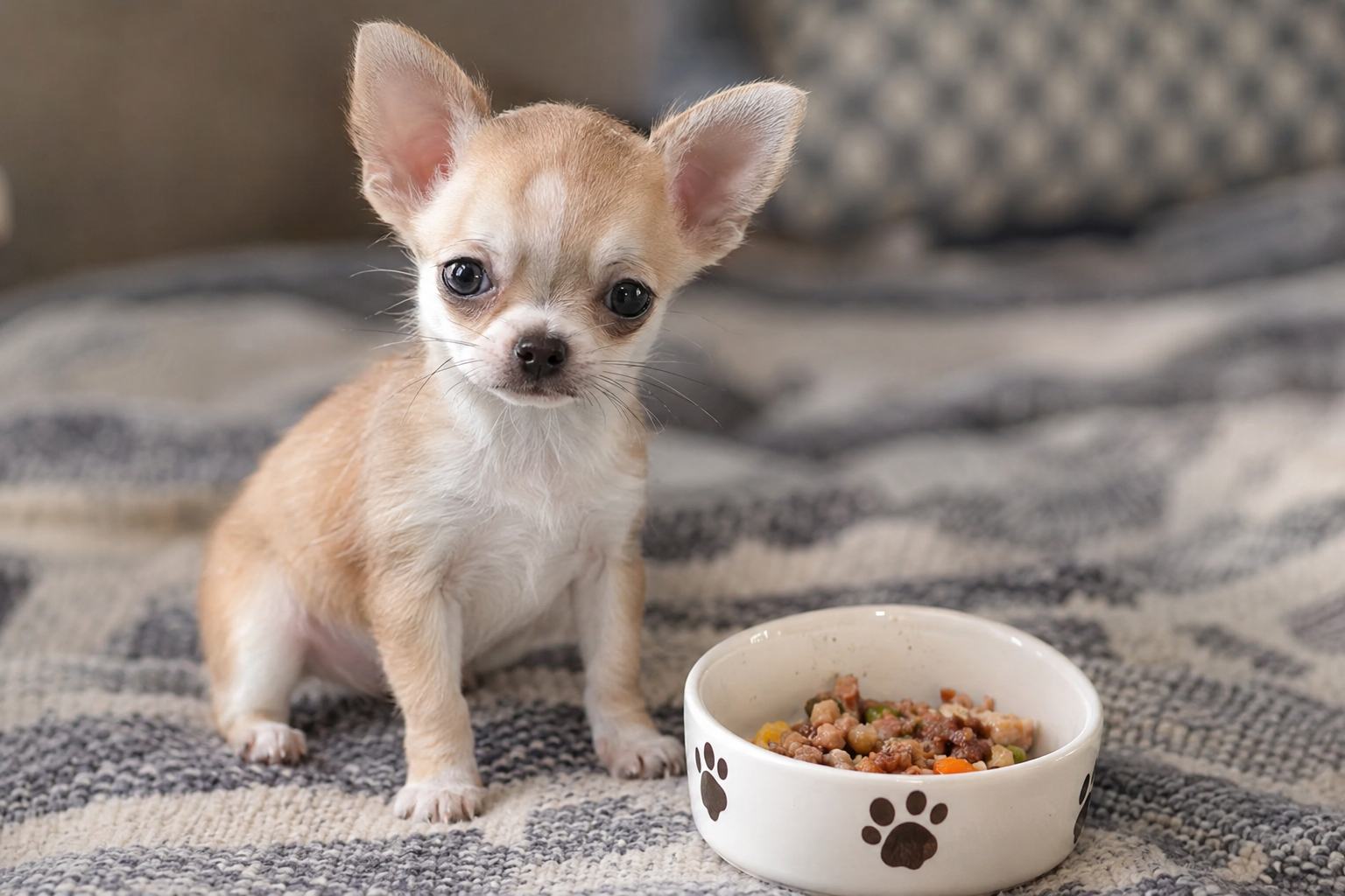Tan and white Chihuahua puppy with upright ears sitting on a patterned blanket beside a white food bowl.