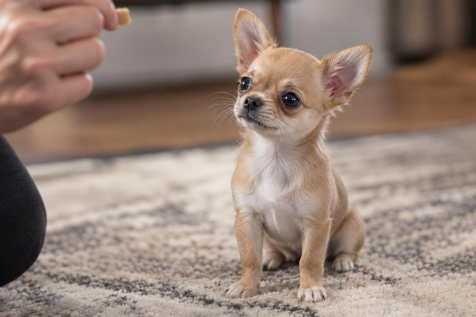 Tan and white Chihuahua puppy with upright ears sitting on a patterned rug, looking toward a hand holding a treat.