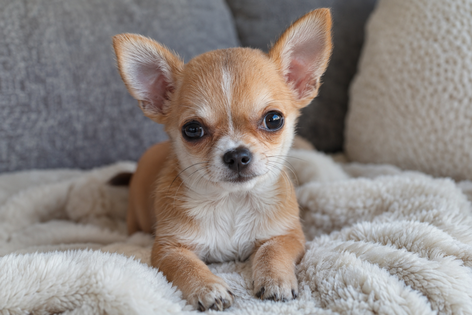 Tan and white Chihuahua puppy with upright ears lying on a cream blanket on a gray sofa.