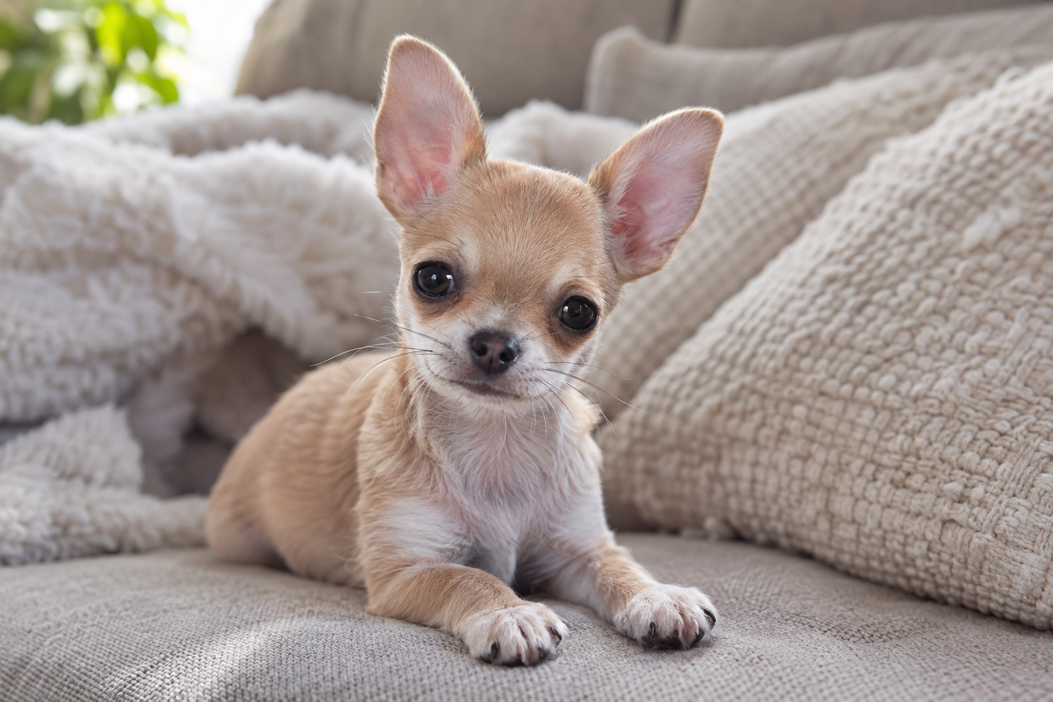 Tan and white Chihuahua puppy with upright ears lying on a beige sofa beside textured cream cushions.